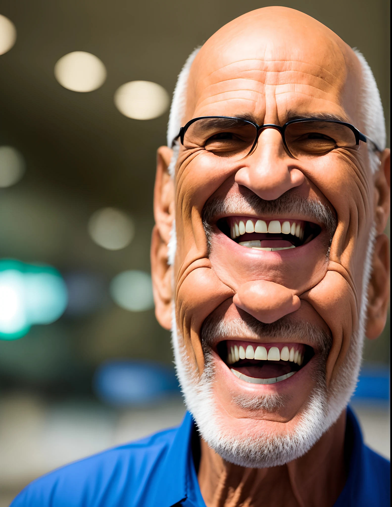 Homem careca de cavanhanque e semmum dente na frente e sorrindo com paisagem de aeroporto no fundo.