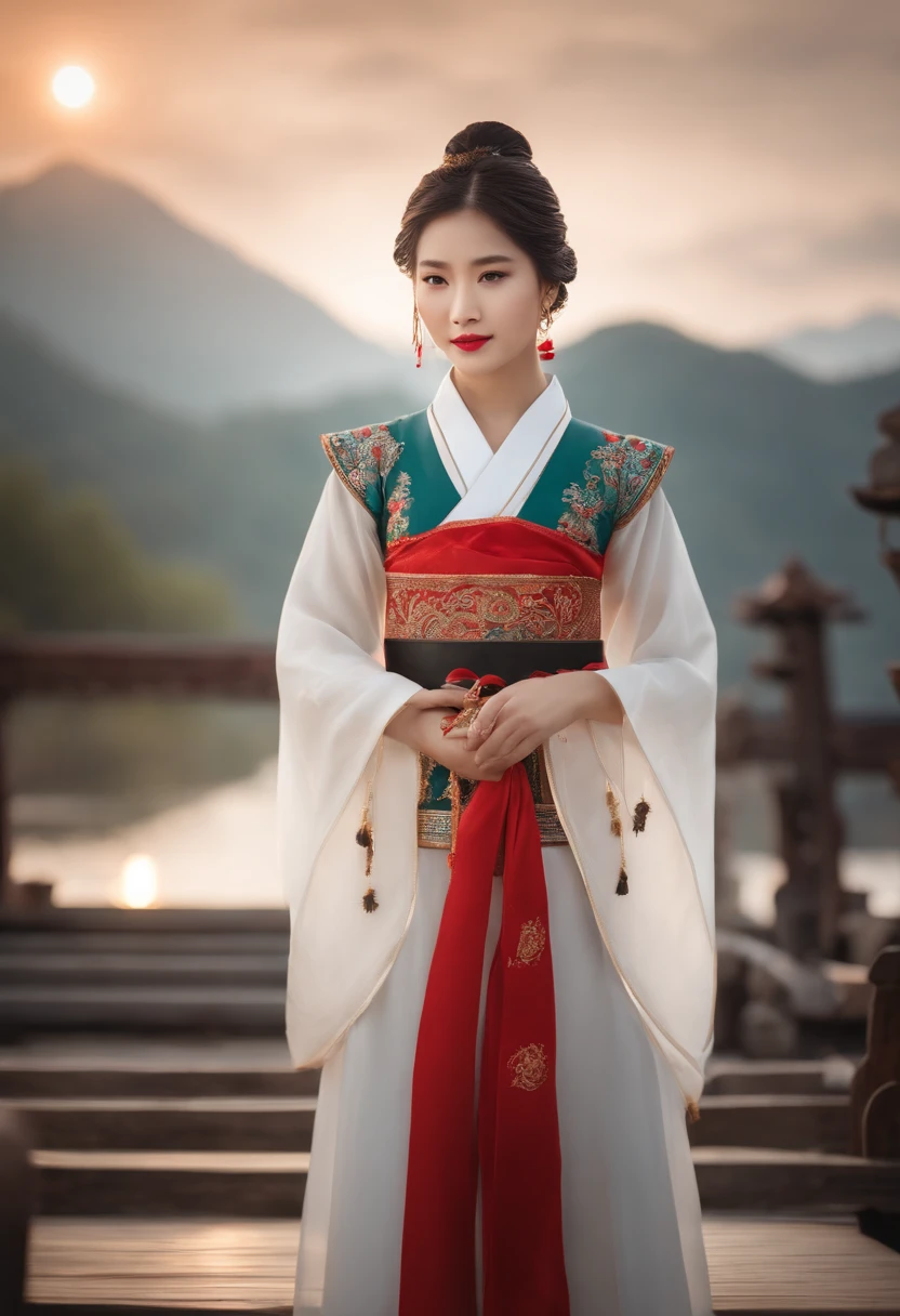 a girl, Ancient Chinese attire, corpo inteiro, luz solar, rosto claro, fundo branco limpo, master part, Super Detalhe, Epic composition, Ultra HD |, alta qualidade, extremamente detalhado, Arte Oficial, papel de parede uniforme 8k, Super Detalhe, 32k