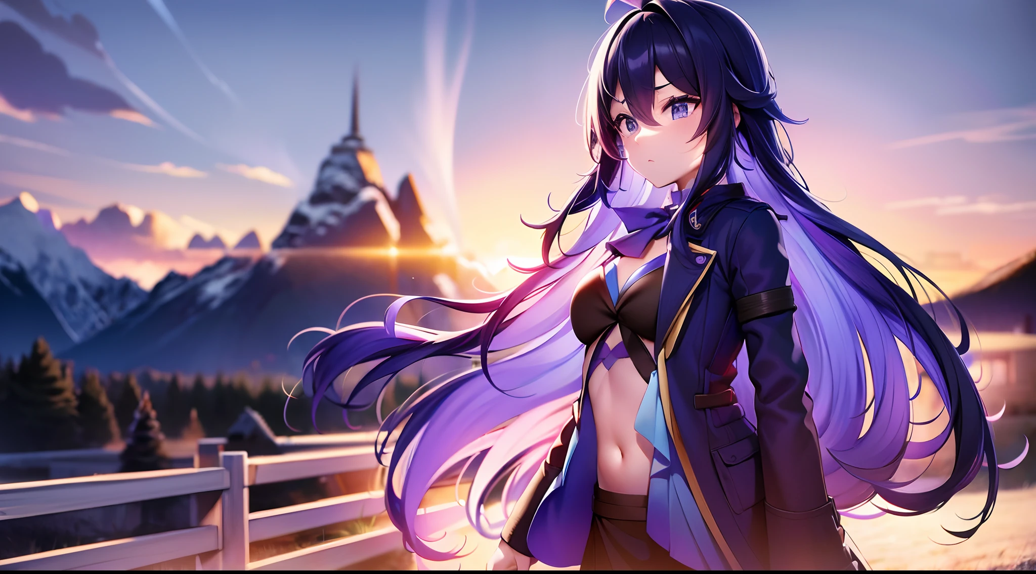 A girl, blue long hair, purple eyes, black tights, black skirt, short blue jacket, red bra, mountain, standing, sunrise, golden hour, epic, 8k, masterpiece