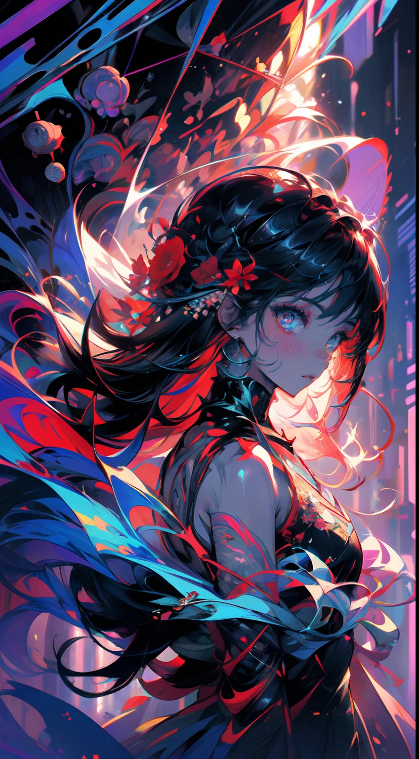 official art, unity 8k wallpaper, ultra detailed, beautiful and aesthetic, masterpiece, best quality, (zentangle, mandala, tangle, entangle), (fractal art:1.3) , 1girl, red flowers,  extremely detailed, dynamic angle, cowboyshot, the most beautiful form of chaos, elegant, a brutalist designed, vivid colours, romanticism, by james jean, roby dwi antono, ross tran, francis bacon, michal mraz, adrian ghenie, petra cortright, gerhard richter, takato yamamoto, ashley wood, atmospheric