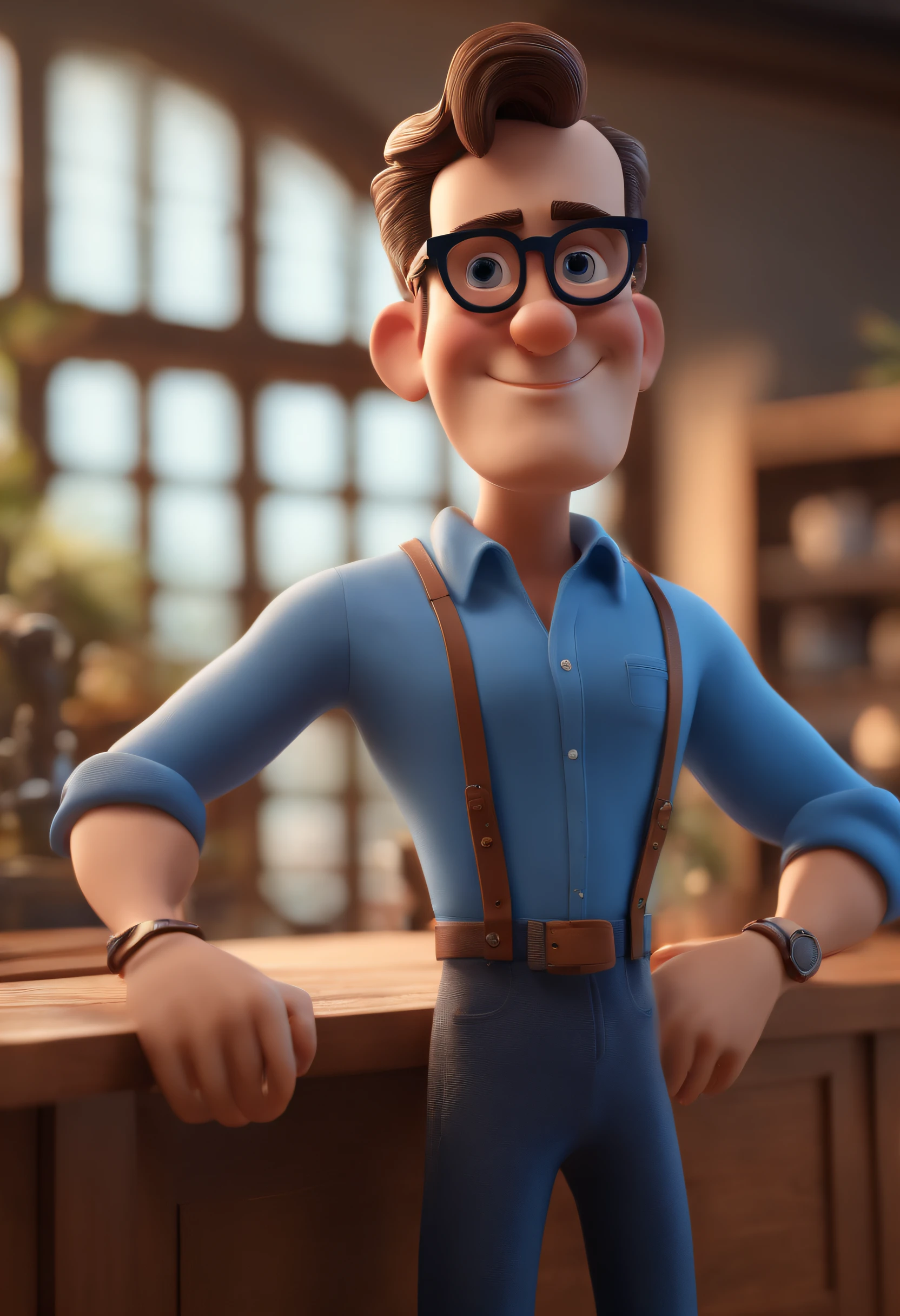 Cartoon character of a man with black glasses and a blue shirt, animation character, Caractere estilizado, animation style rendering, 3D estilizado, Arnold Maya render, 3 d render stylized, toon render keyshot, Personagem 3D, Personagem 3D, 3d rendering stylized, 3 d character render, personagem de desenho animado, Personagem de close up, Pose de personagem,  (Estilo Pixar) (master part:1.2) (Bokeh) (best quality) (pele detalhada) (textura detalhada) (8k) (argila) (Cinematic lighting) (foco nítido