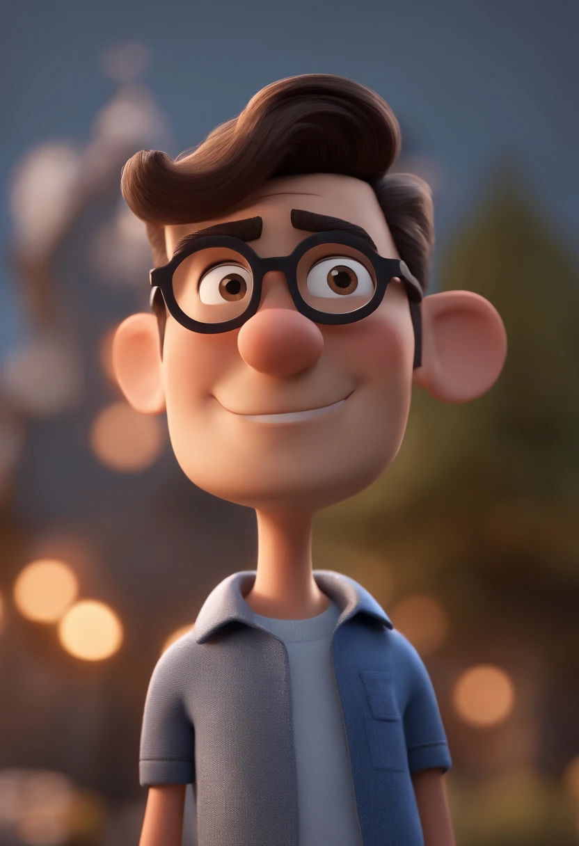 Cartoon character of a young man wearing round gray glasses and a blue shirt, um personagem animado, Caractere estilizado, animation style rendering, 3D estilizado, Arnold Maya render, 3 d render stylized, toon render keyshot, Personagem 3D, Personagem 3D, 3d rendering stylized, 3 d character render, personagem de desenho animado, Personagem de close up, Pose de personagem, (Estilo Pixar) (master part:1.2) (Bokeh) (best quality) (pele detalhada) (textura detalhada) (8k) (argila) (Cinematic lighting) (foco nítido，Sits and empties upper body in a dental office alone