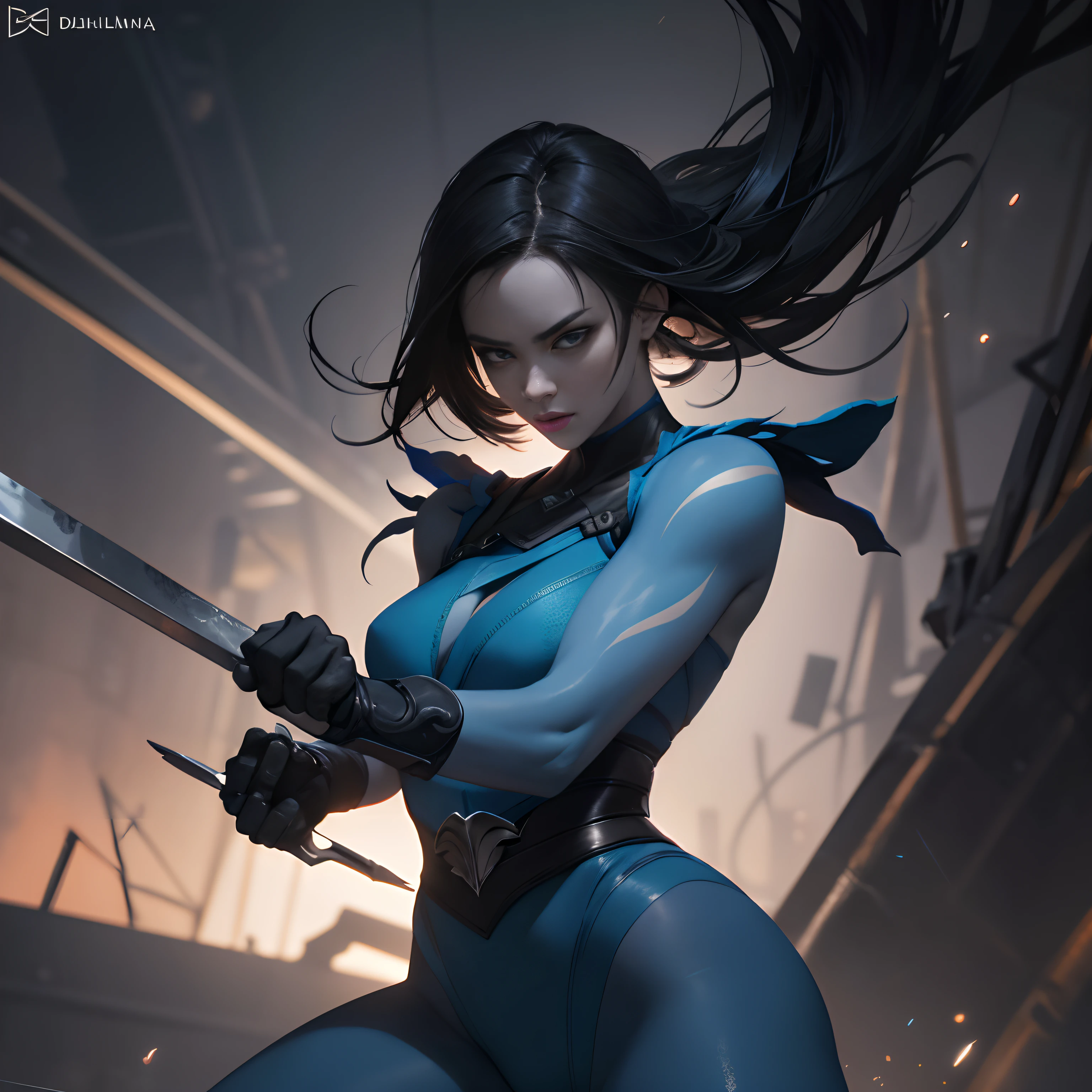 Breathtaking photo in tight outfit with Steel fans Kitana, perfect action composition, hyper detailed painting, complex, 32k art by DamShelma, WLOP, Mortal Kombat, dramatic lighting, intricately detailed art trending artstation, triadic colors Unreal Engine 5, deep color art, detailed