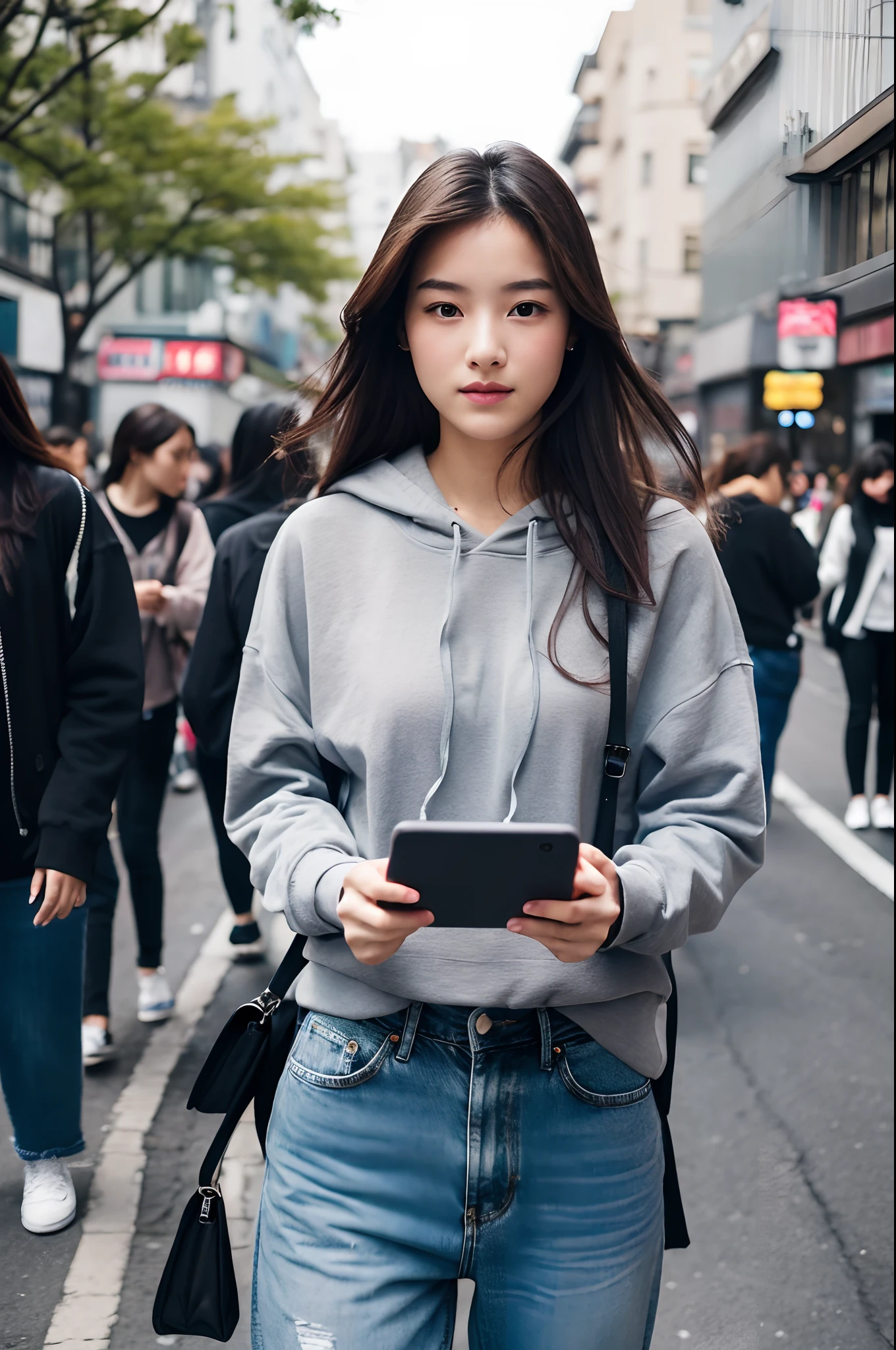 Beautuful Women、Fiddling with your phone in the middle of the street、gray hoodie、Black Denim Pants、24 year old