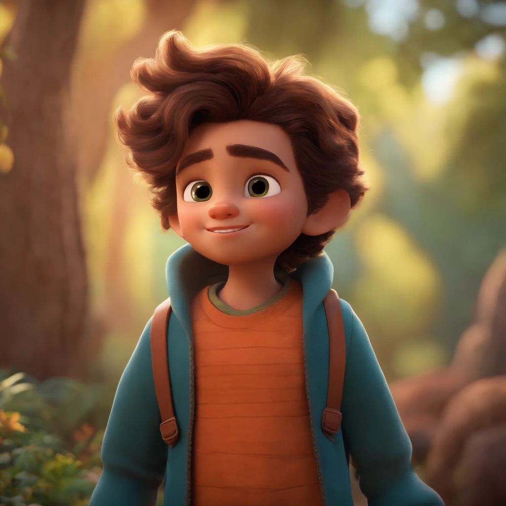 Image of a boy for a story in a YouTube video in Pixar format, He's the allabester, He's the class leader, He's outgoing, Playful and gets up for a lot of things, cabelo curto
