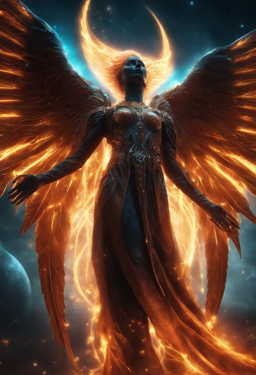 Cosmic Fallen Angel, glowing light eyes, Biomechanical, eerie, Creepy, nightmarish, Very bright colors, Light particles, with light glowing, Mshiv, wallpaper art, UHD wallpaper