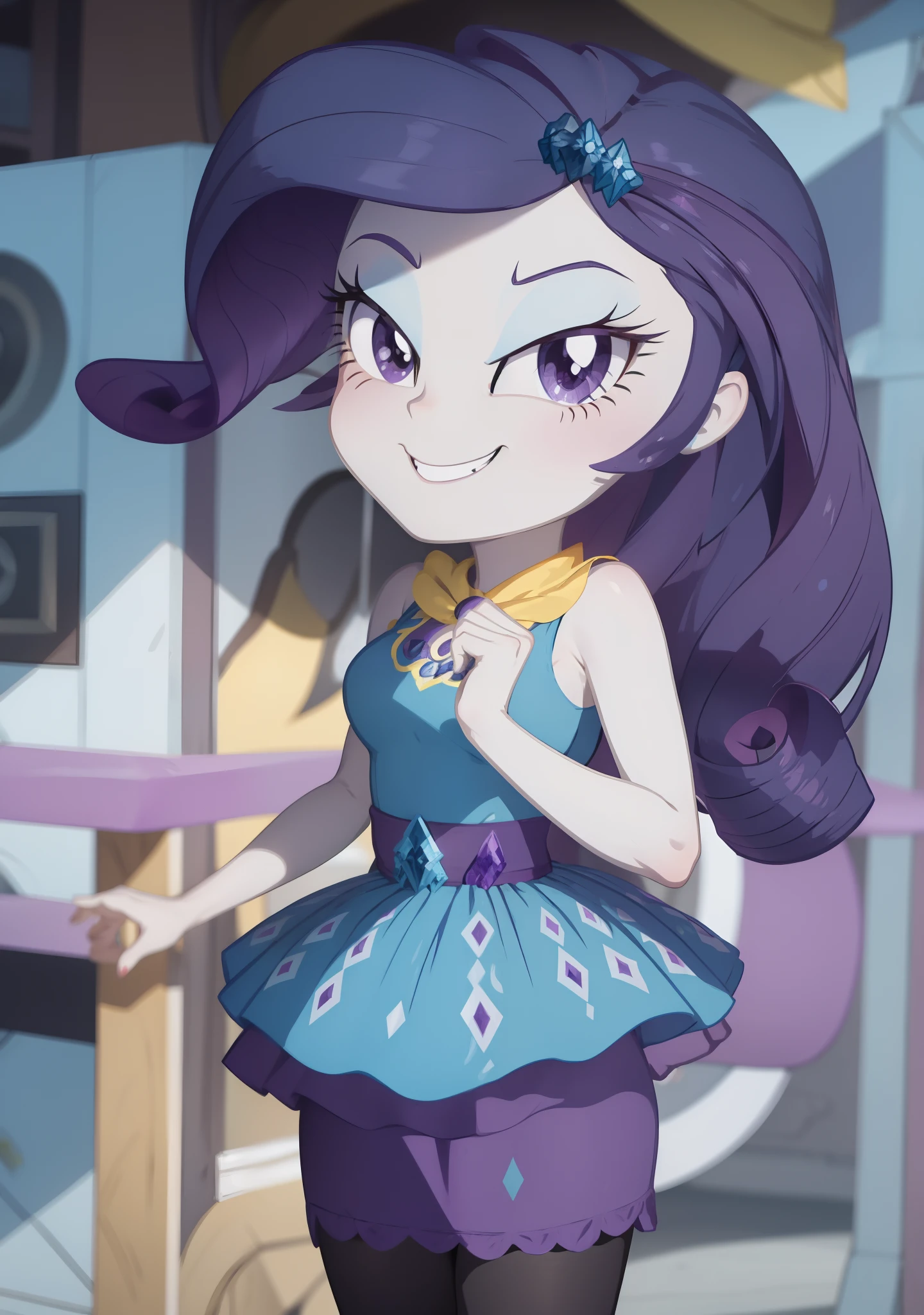 a close up of a cartoon girl in a dress and a dress, purple eyes and white dress, wearing diamond armor, nefarious smirk, equestria, she has a diamond eye, a purple and white dress uniform, giddy smirk, anthropomorphic mare, she has pale blue skin!!!, wearing fantasy formal clothing, wearing fancy clothes, rarity, equestria girls