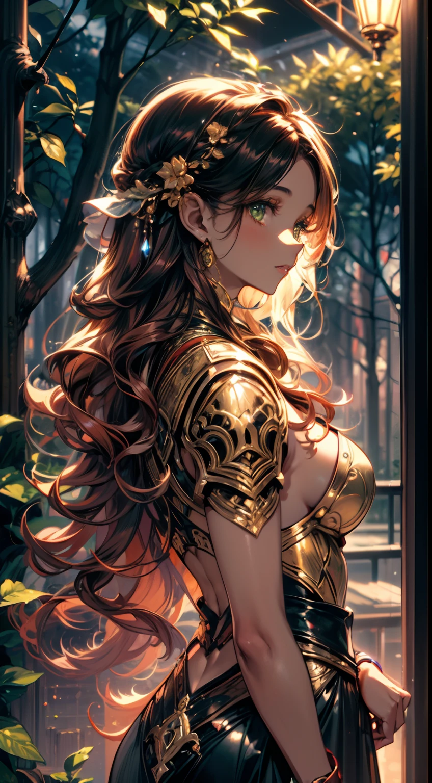 dark skin, detailed beautiful young woman, reddish golden brown hair, long, wavy and messy hair, detaiiled perfect green eyes, delicate symmetric realistic and beautiful face, (magic forest backgroung),  ranger outfit leather armored, fairy, wild flowers blending into hair, full body, masterpiece, absurdres,fine detail, rich colors, dramatic lighting, extremely detailed, cinematic lighting