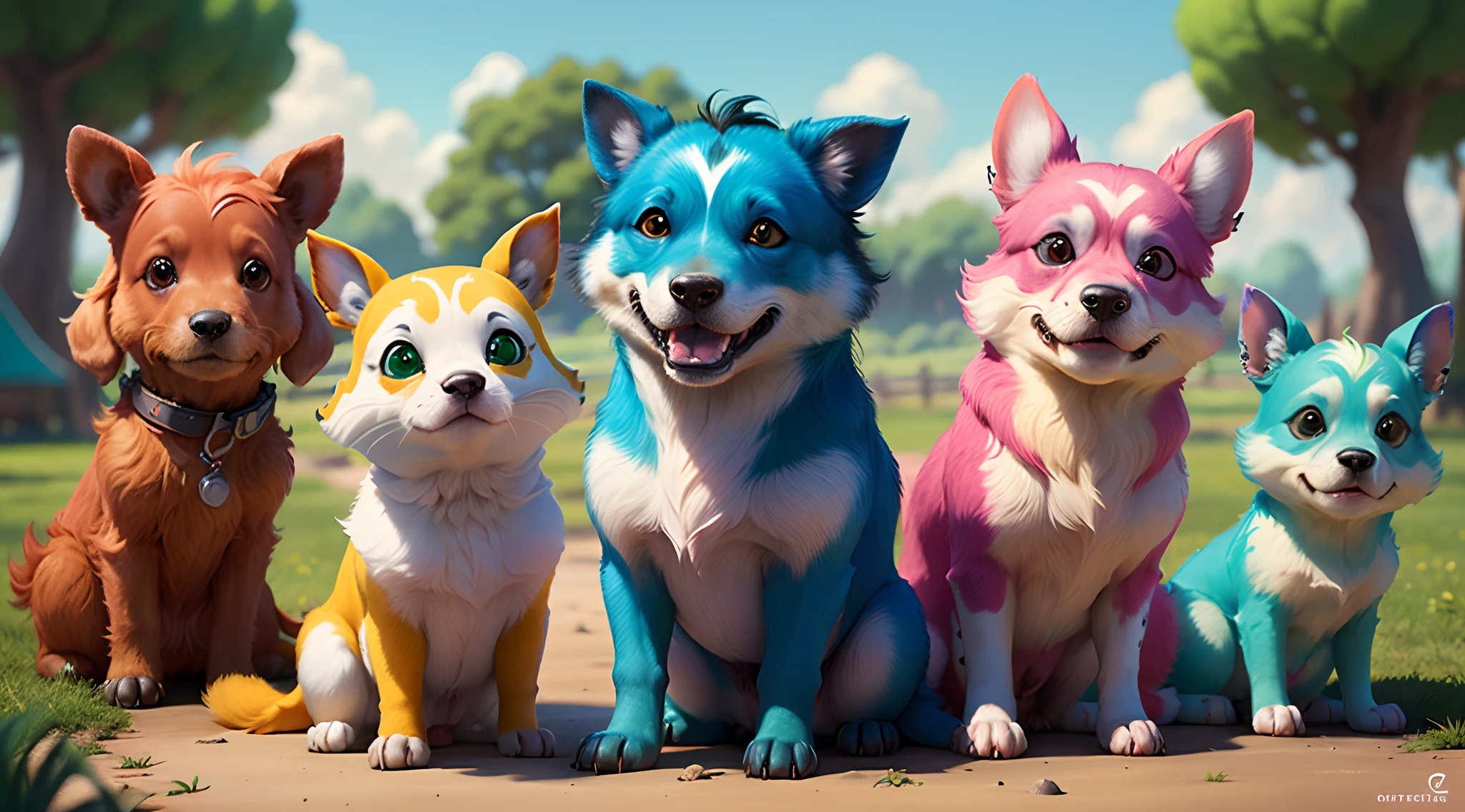 Crie uma imagem estilo filme da pixar com as cores laraja e verde de fundo e varios cachorros de varias racas com o titulo agro pet cariri