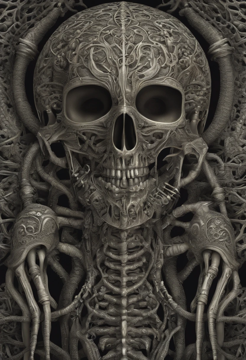 art by Wayne Barlowe, art by h. r.  giger, detailed, sharp image, render, 8k, rim light, closeup, the thing, body horror, poster, hdr, intricateblack and white