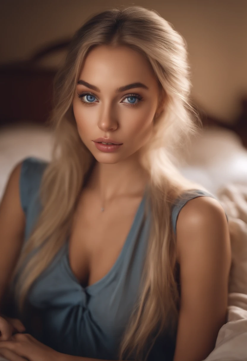 Totally Alafed Women , Sexy girl with blue eyes, A hyper-realistic, meticulously detailed, Portrait Sophie Mudd, blonde hair and large eyes, selfie of a young woman, bedroom eyes, Violet Myers, without makeup, Natural makeup, Looking directly at the camera, face with artgram, subtle makeup, Stunning full-body shot of kneeling on bed, at bedroom, Medium to large bust; ; ;Naked, showing nipple, Exposed medium to large breasts, Shaved bottom,