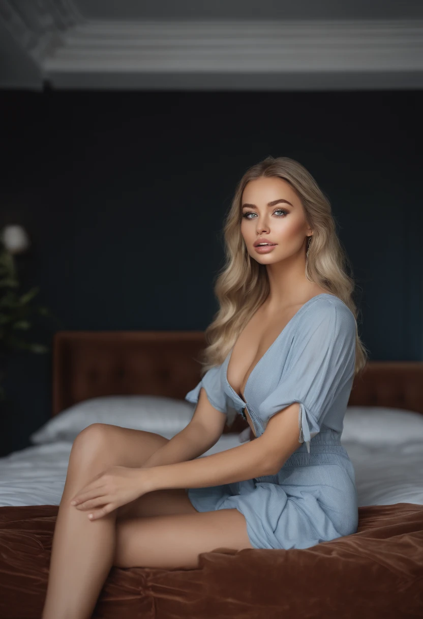 arafed woman fully , sexy girl with blue eyes, ultra realistic, meticulously detailed, portrait sophie mudd, blonde hair and large eyes, selfie of a young woman, bedroom eyes, violet myers, without makeup, natural makeup, looking directly at the camera, face with artgram, subtle makeup, stunning full body shot kneeling on bed, in bedroom, large size bust