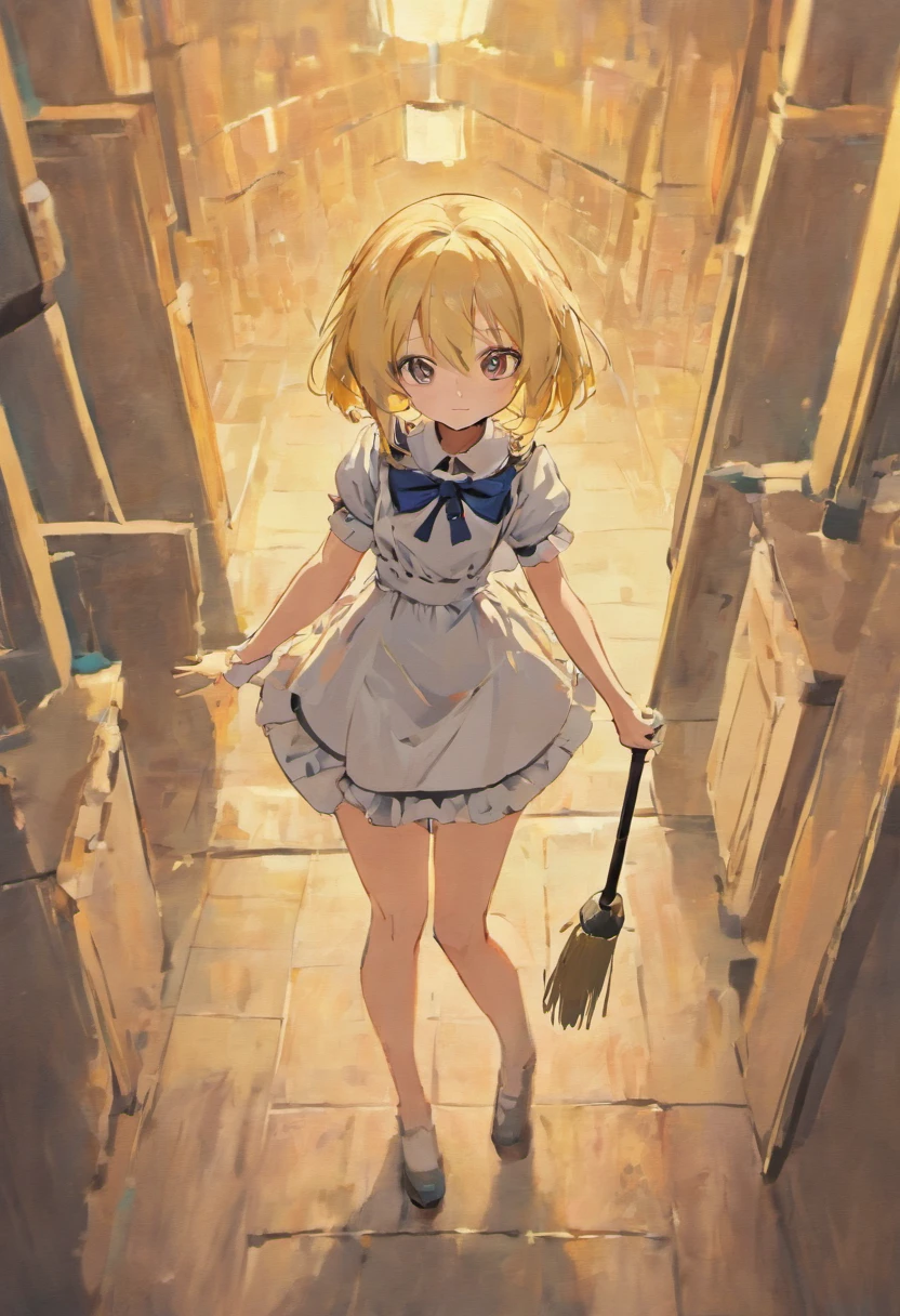 (best quality, high resolution, solo girl:1.1), Anime style, Standing with a broom, maid clothes, a blond, short-hair, Wearing glasses, Smiling,