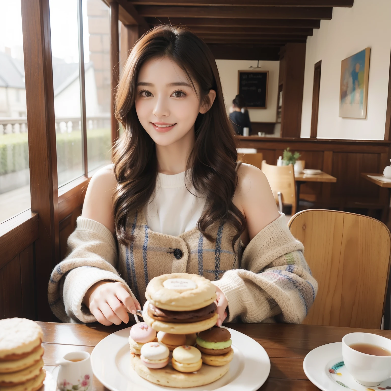 (art by:Adult Cute:1.5), Daytime in autumn , 1 persons , Cute woman showing her teeth and smiling, Hair color is brown , Hair is semi-long length to the shoulders, Tartan check clothes with long sleeves、Outside a medieval European-style café , tea parties、a cake、 macaroons、donut、cookies、black tea、cute little、Cute 、Dolce、fluffly、Dolce、Pale shades