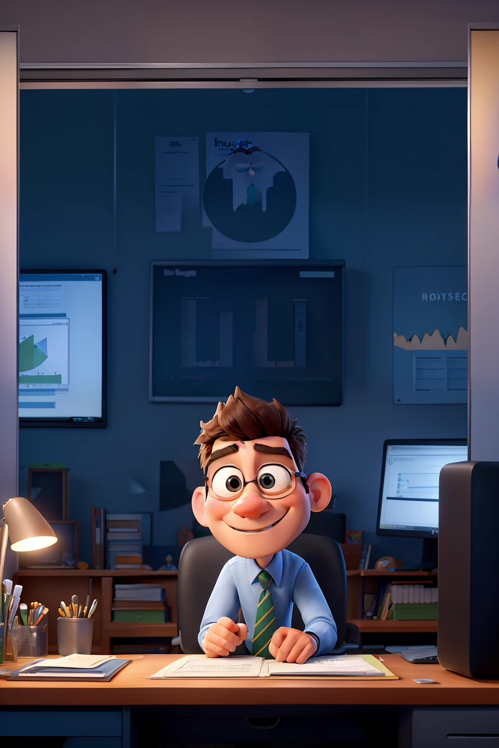 Disney Pixar-style poster of a financial analyst in an industry. He's focused, Analyzing Charts and Reports on Your Computer. In the back window is the Amazon rainforest. Your desk is piled high with stacks of documents, Printed graphics and a computer. The scene conveys dedication, Concentration and the spirit of hard work.