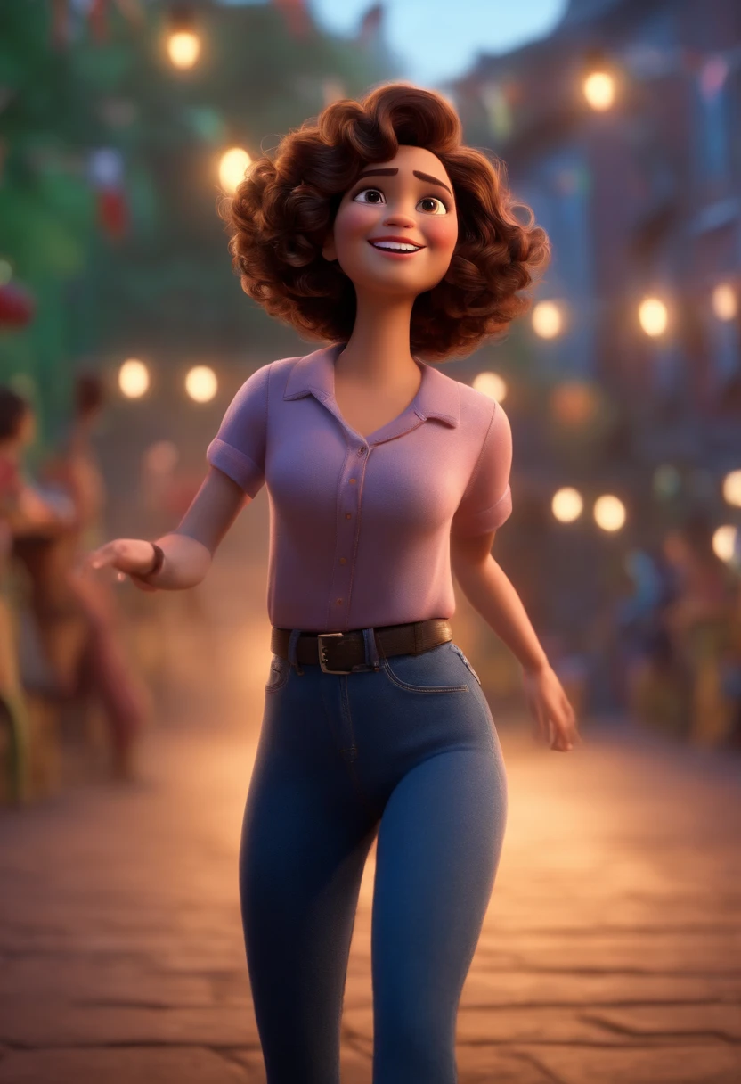 Pixar style image with 3D character óc brunette woman short curly hair dancing, Maquiagem Disney,Pescador, bonitinho, sorridente ,Close-up, Pixar, Disney, Cinema lighting,