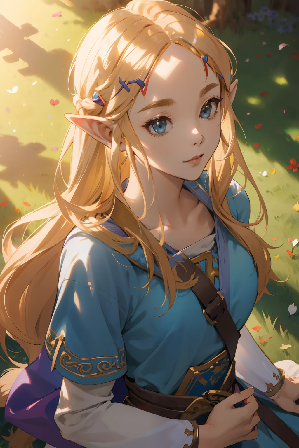 Princess Zelda(TotK), anime style, depth of field, 8k, super detail, high details, soft and warm tone, day time, shadow over face, Close-up, camera from the above down, hyper HD, Masterpiece, High details, detailed light, detailed shadow, detailed background.