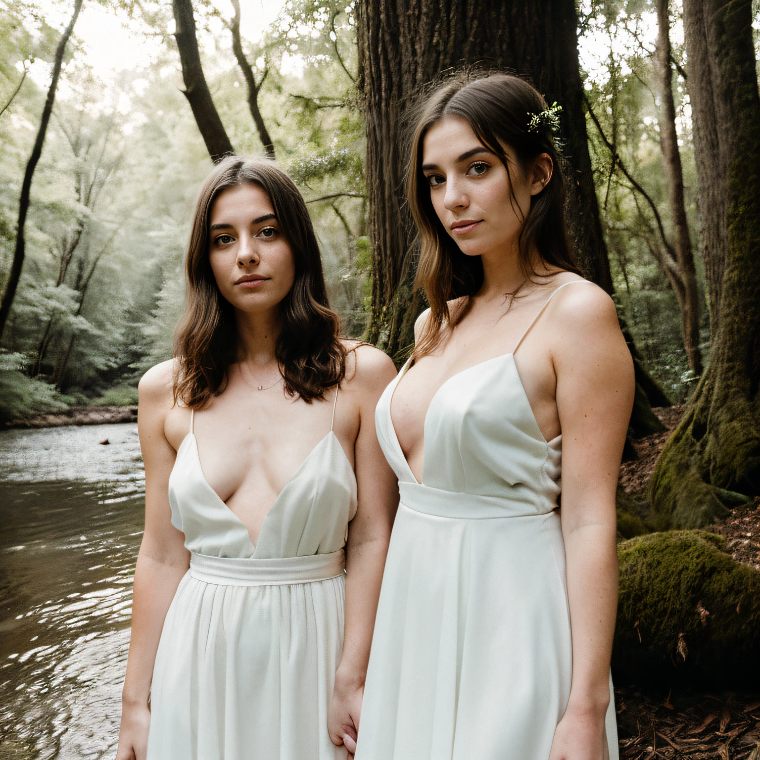 ((In a dimly lit forest)), near the tranquil river, two huge breasted 14-year-old brides stand side by side naked. They wear simple thighhighs, their youthful figures accentuated by the flowing fabric. The campsite nearby adds a touch of rustic charm to the scene.

The forest envelops them, its ethereal atmosphere creating an enchanting ambiance. Soft light filters through the trees, casting a gentle glow on the brides and their surroundings. The air is filled with a sense of anticipation and hope for the future.

Their attire, though modest, exudes a pure and innocent charm. The delicate wedding dresses perfectly complement the natural beauty of the forest, enhancing the youthful radiance of the brides. As they stand together, hand in hand, their presence adds a touch of magic to the serene setting.

The river, with its gentle flow, adds a soothing soundtrack to the moment. (beautiful detailed eyes), (complete good curvie body), huge cleavage, perfect body proportion, (thick thigh, perfect hourglass figure, perfect body proportion), uncensored vagina,
(looking at viewer), perfect eyes