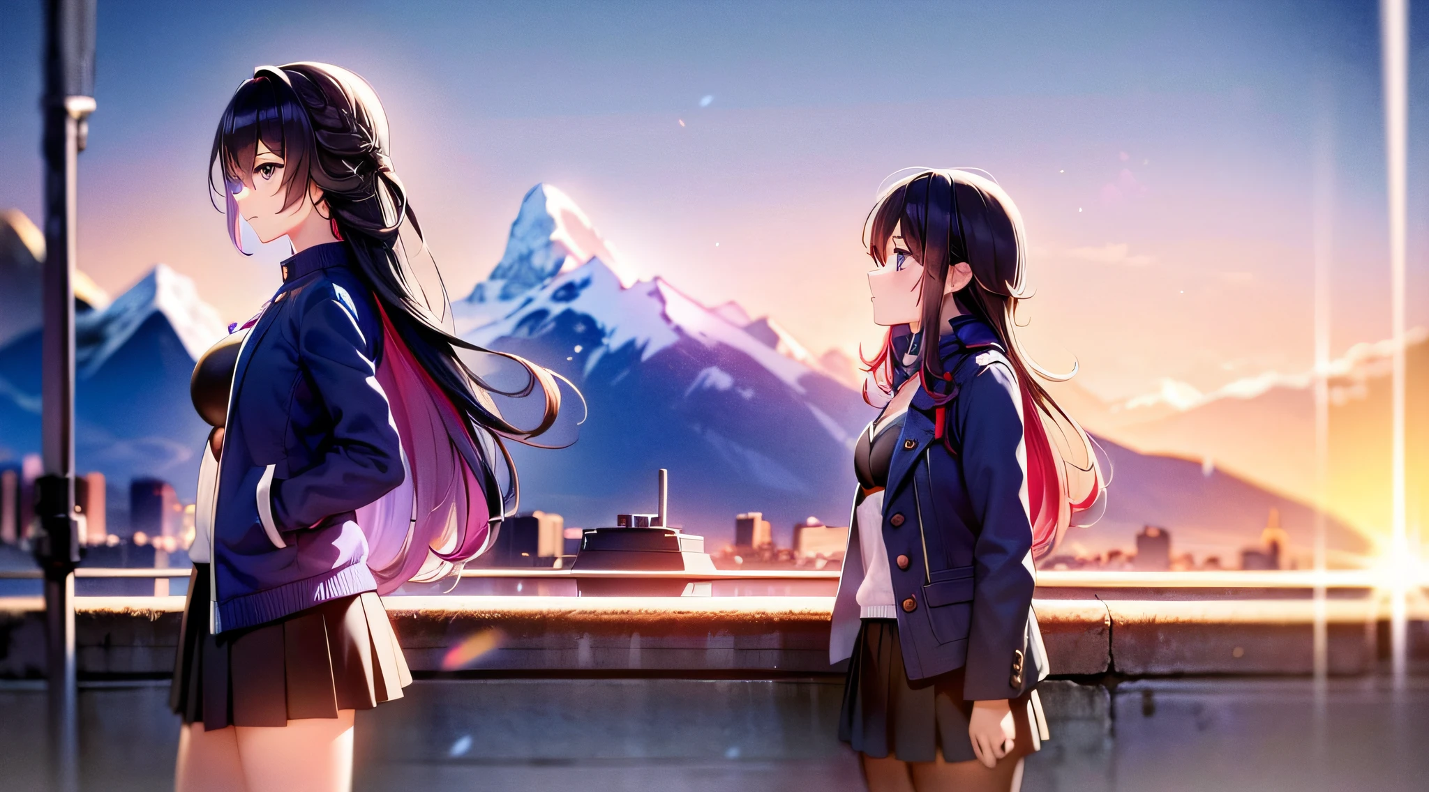 1 girl, blue long hair, purple eyes, black tights, black skirt, short blue jacket, red bra, mountain, standing, sunrise, golden hour, epic, 8k, masterpiece