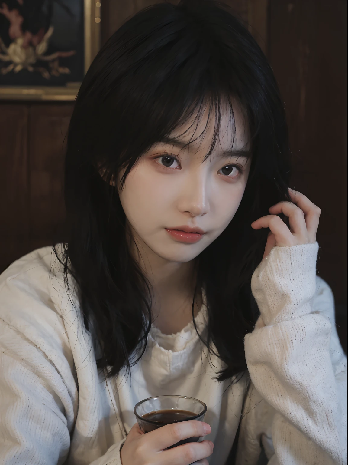 best qualtiy， 超高分辨率， （realisticlying：1.4）， A woman with long black hair and a gray sweater, 中景 the scene is, She has black hair，By bangs, young lovely Korean faces, wan adorable korean face, ulzzangs, Shin Jinying, beautiful aesthetic face, Korean face features, Played by Liu Lee Ji Eun ，Beautiful realistic face