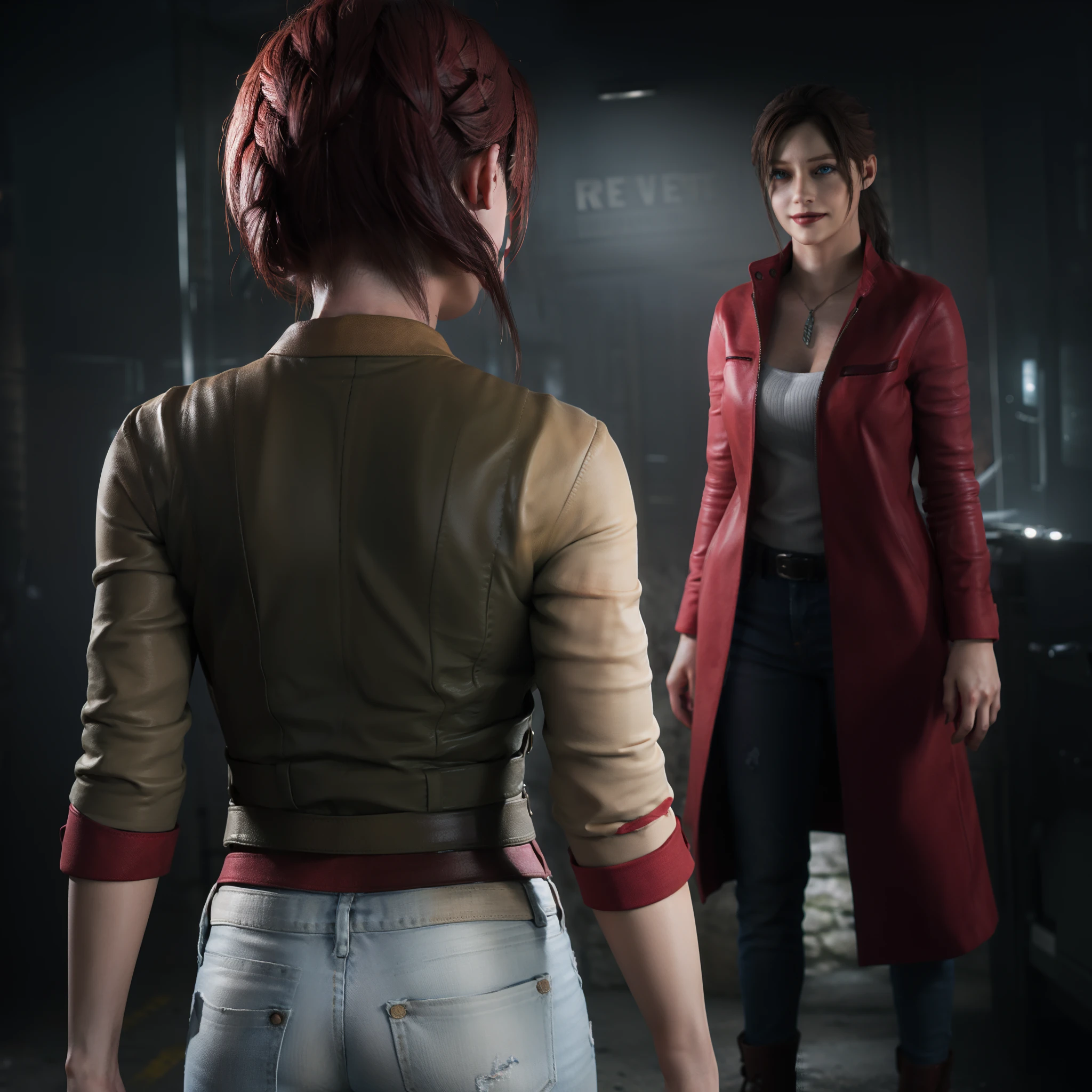 Best quality, ((Claire redfield from resident evil)), woman 40 years old, long red hair, black jeans, beautiful face, red long coat,little smile expression