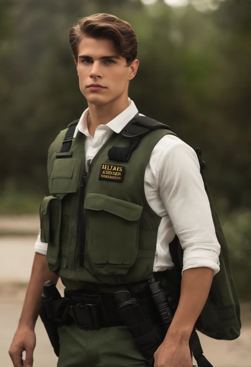 (foco profundo,Altas:1.2),(Realistic:1.37) retrato,Decano,17 anos,Agente do FBI,especialista em armas,slightly severe expression,brown hair,olhos verdes,Strong physique,tiro de corpo inteiro,malhar,macho,Professional Lighting & Bekah