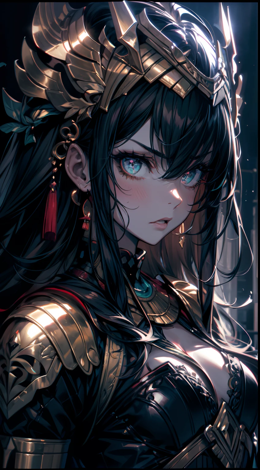 a portrait of an angry, beautiful female egypt god, intricate outfit, epic realistic, kit, aesthetic, cinematic, insane details, hyperdetailed, dimmed colors, muted colors, film grainy, slate, lut, spooky, vignette, tomb inside, mugshot, art by rutkowski,
