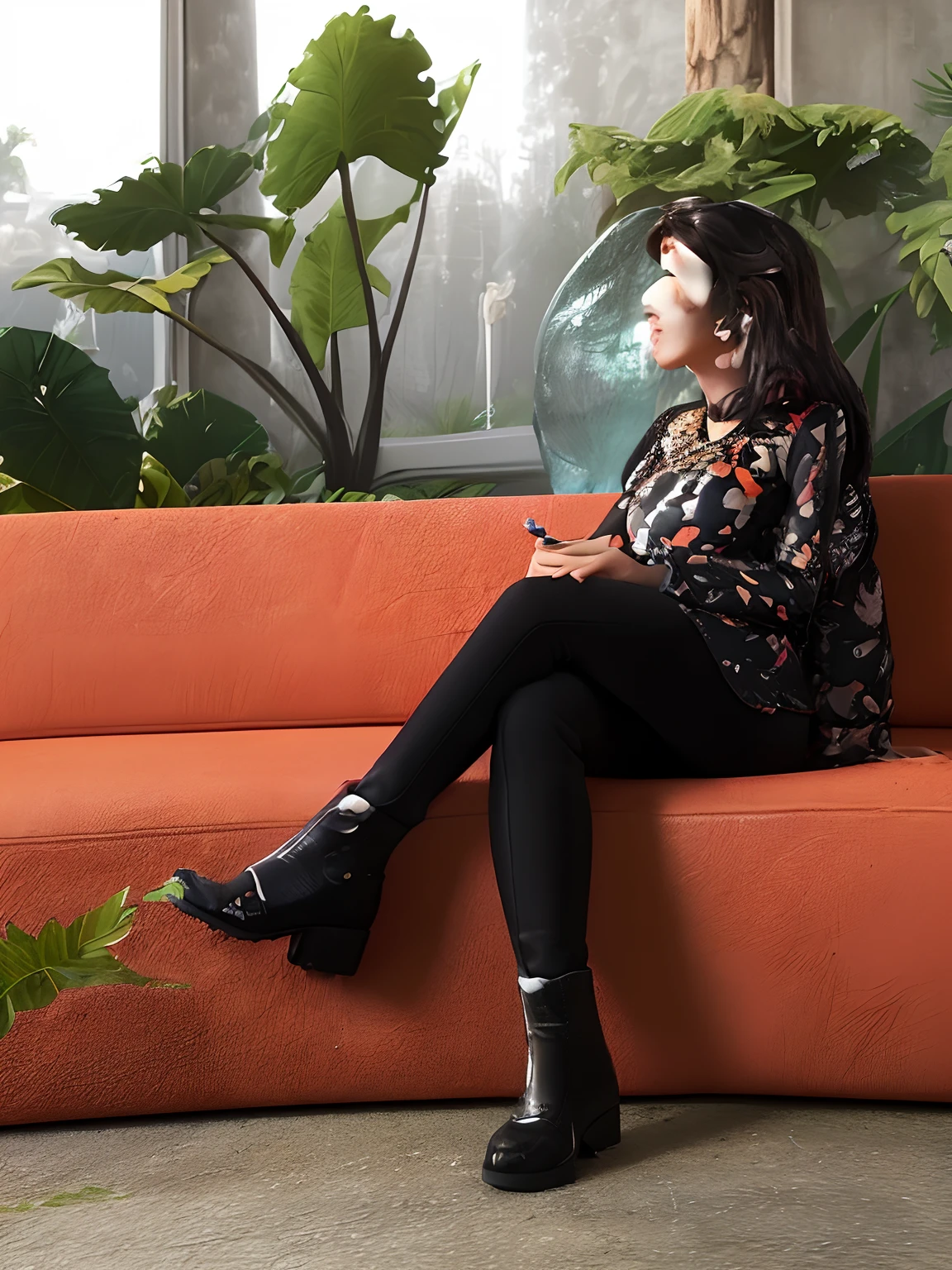 Mulher de perfil, Sitting on an orange sofa, com blusa preta de estampa florida, Black pants and leather boots. The environment is surrounded by vegetation.