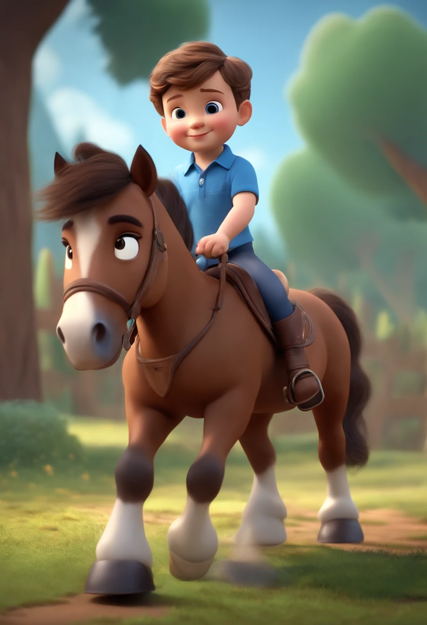 A cute with fair skin and slightly curly short brown hair wearing a blue polo shirt and gray pants and riding on top of a pony, estilo pixar... 3D animation, escrito "Braveheart" no topo da imagem