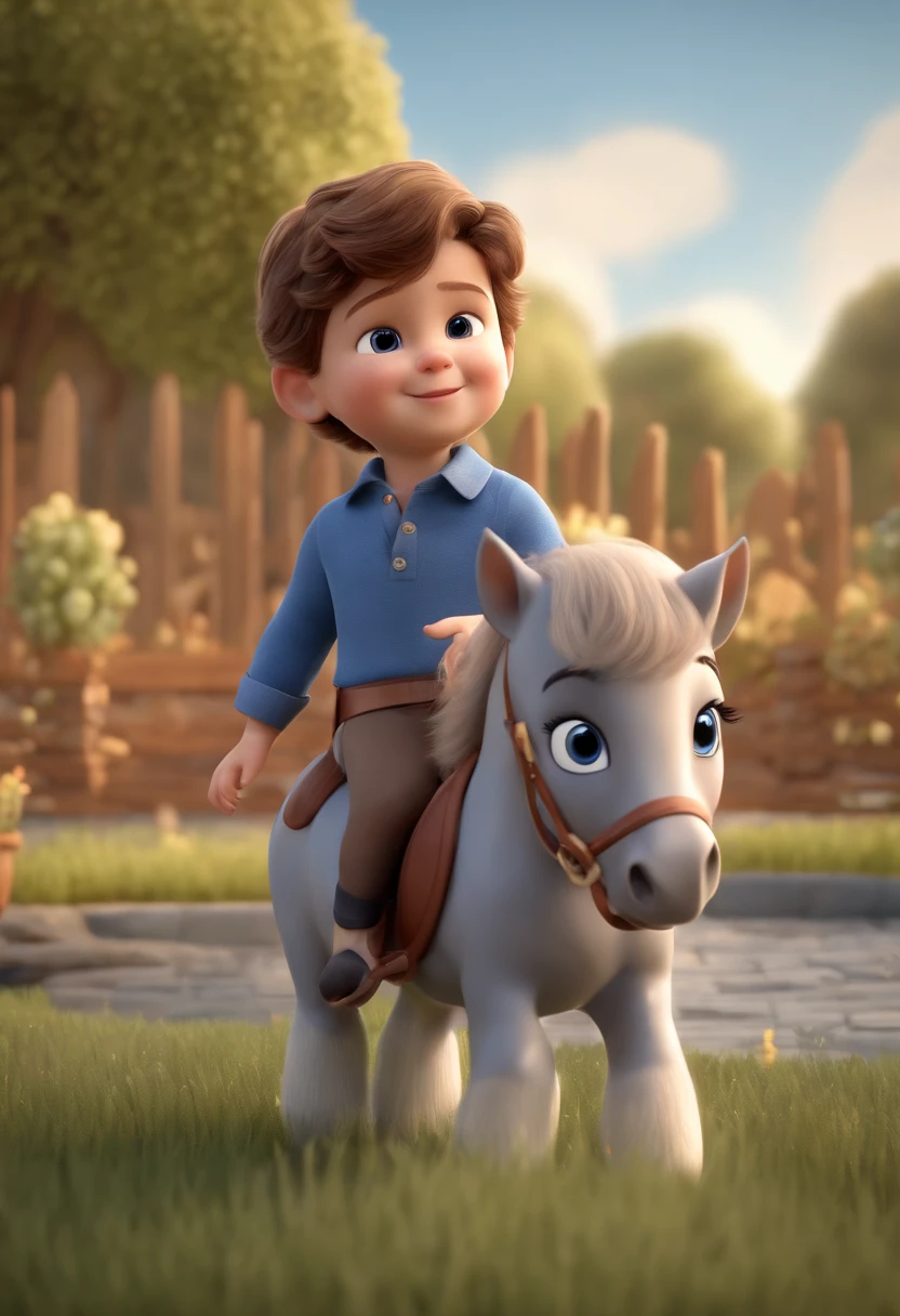 A cute with fair skin and slightly curly short brown hair wearing a blue polo shirt and gray pants and riding on top of a pony, pixar style ... 3d animation