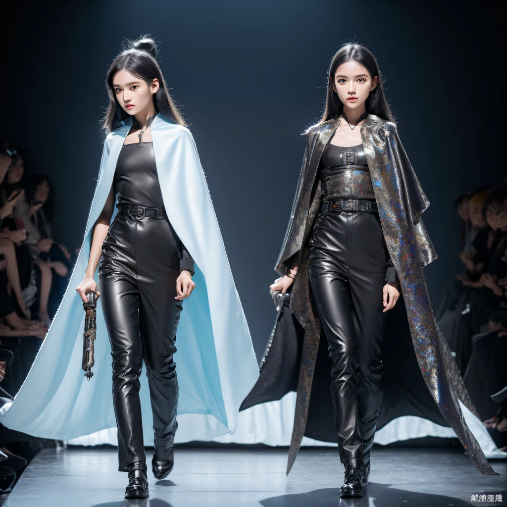 3D model of fashion show，Fashion show cupcakes， Weapons fashion show， The sword， halter， holdingweapon， 32K fashion show, Linen cloak, Top quality, Masterpiece:Faust，Fashion model，stage， long whitr hair， ​​clouds， On your stomach， （tmasterpiece，k hd，hyper HD，16k）,clutching a sword， buliding， Reflectors， bloods， Eastern Asia， Weapon focus， Skysky， Fashion show brunette， knifes， trouser， firey，  banya， The clothes ar， bandagens， sword sheath，Fashion show masks， 独奏（（（1girl）））