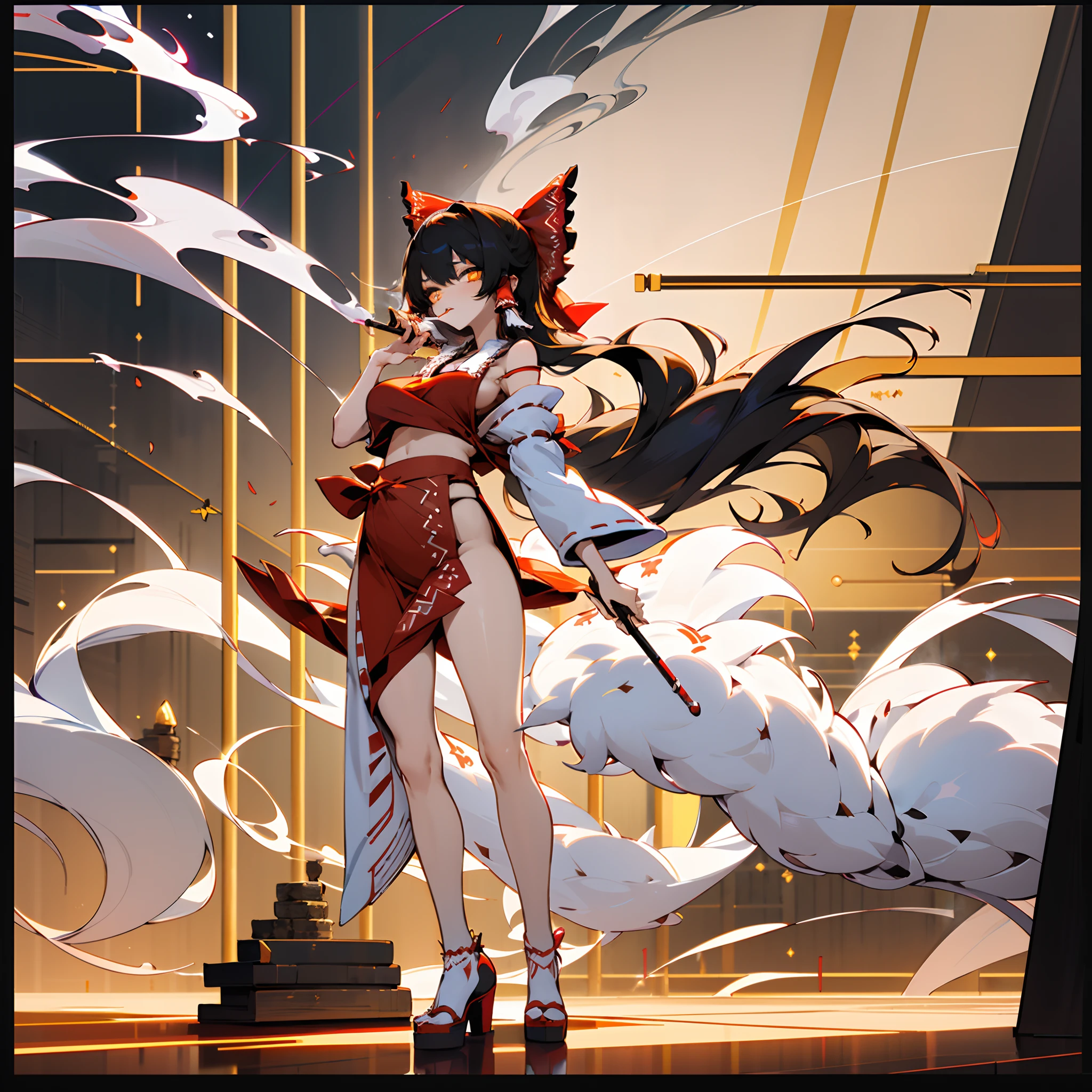 Hakurei Reimu，femele，Sexy body，huge tit，smoking girl，Full body like，Stand up，Golden eyes，Lots of detail，illustration，CG，quadratic element，high qulity，tmasterpiece，Cyberworld，jk style，smoking girl，bags under eyes,eyeliner,makeup