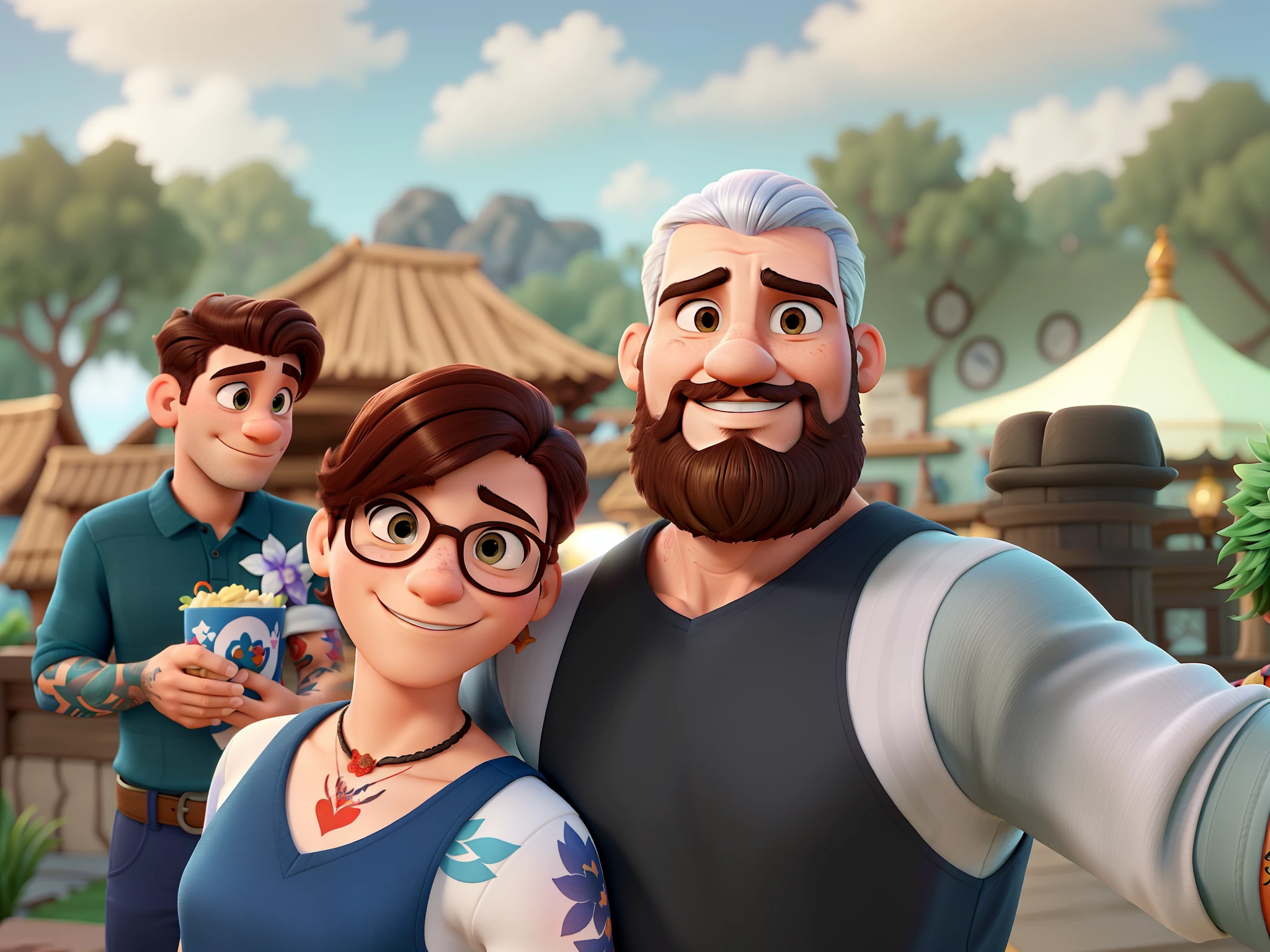Couple with tattooed arms (homem moreno sem cabelo e barba grisalha e mulher branca) no estilo Disney Pixar, alta qualidade, melhor qualidade.