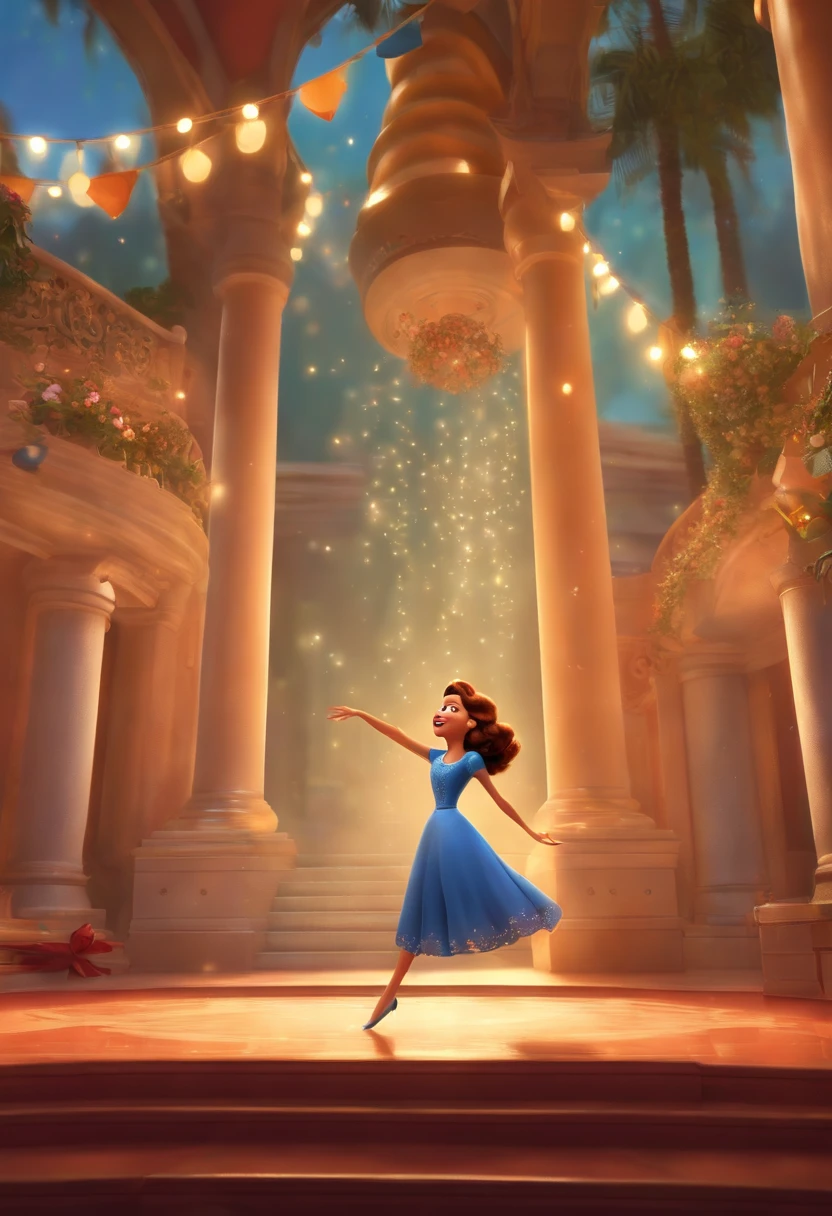 "(best quality,ultra-detalhado,Realistic:1.37),3D rendering,illustration,design de personagens,cabelos curtos e cacheados escuros,belos olhos detalhados,wearing white glasses,Estilo Pixar,morena mulher,Dancing on the Disney stage,atmosfera animada,vivid colors,luzes de palco,expression joyful"