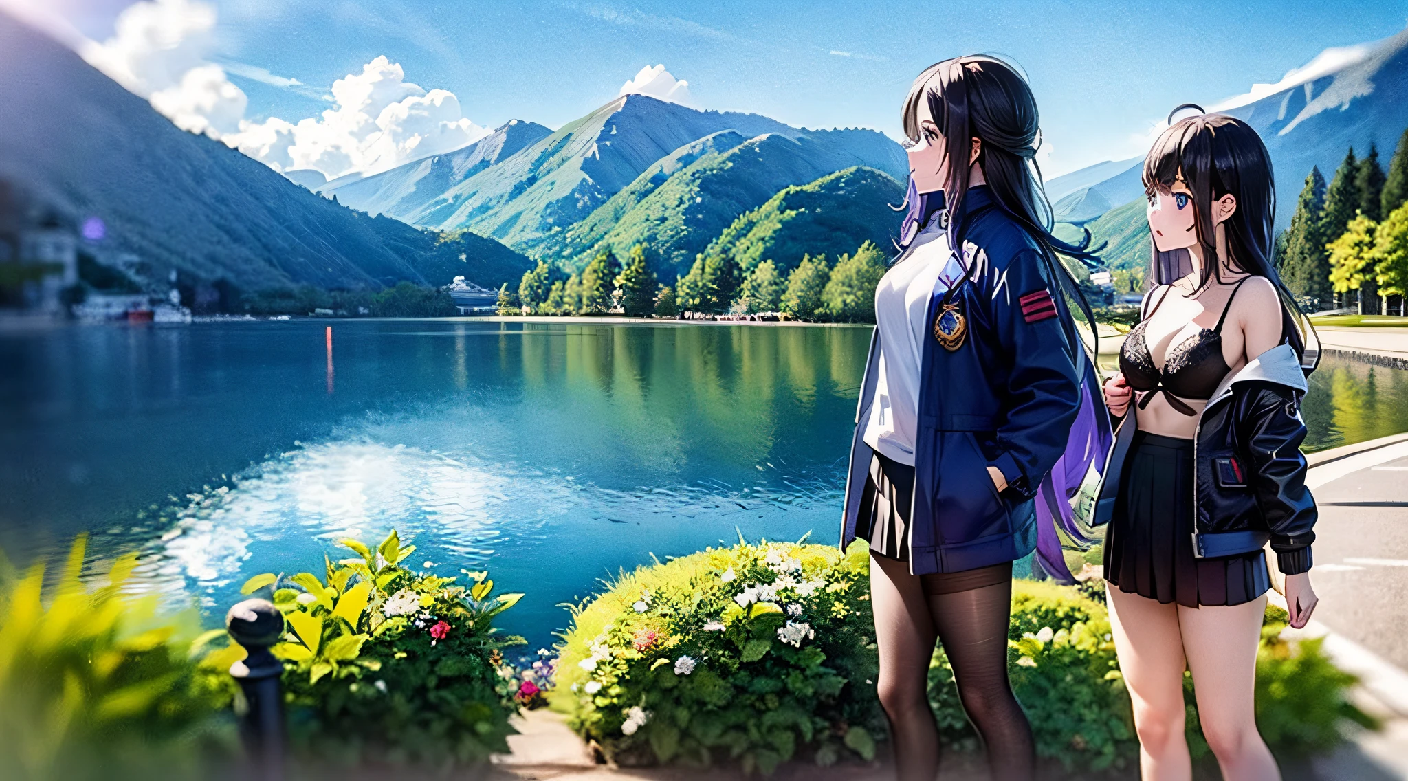 A girl, blue long hair, purple eyes, black tights, black skirt, short blue jacket, red bra, lake, standing