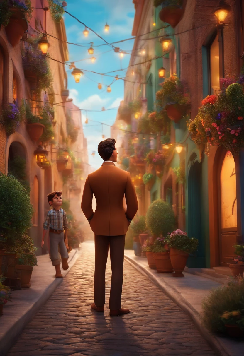 A city councilman looking at a dream project inspired by Pixar animation, de perto. The character takes center stage with captivating facial expressions, oferecendo um toque de irrealidade