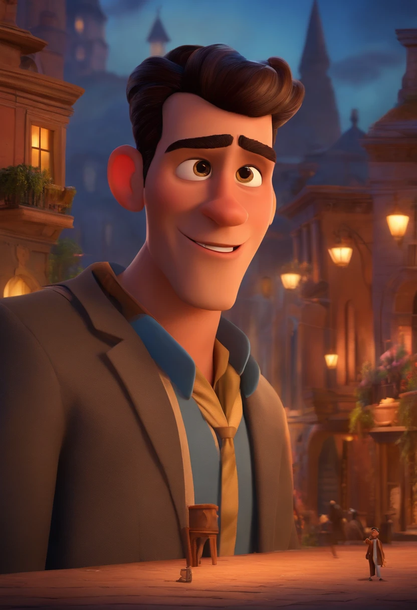 A city councilman looking at a dream project inspired by Pixar animation, de perto. The character takes center stage with captivating facial expressions, oferecendo um toque de irrealidade