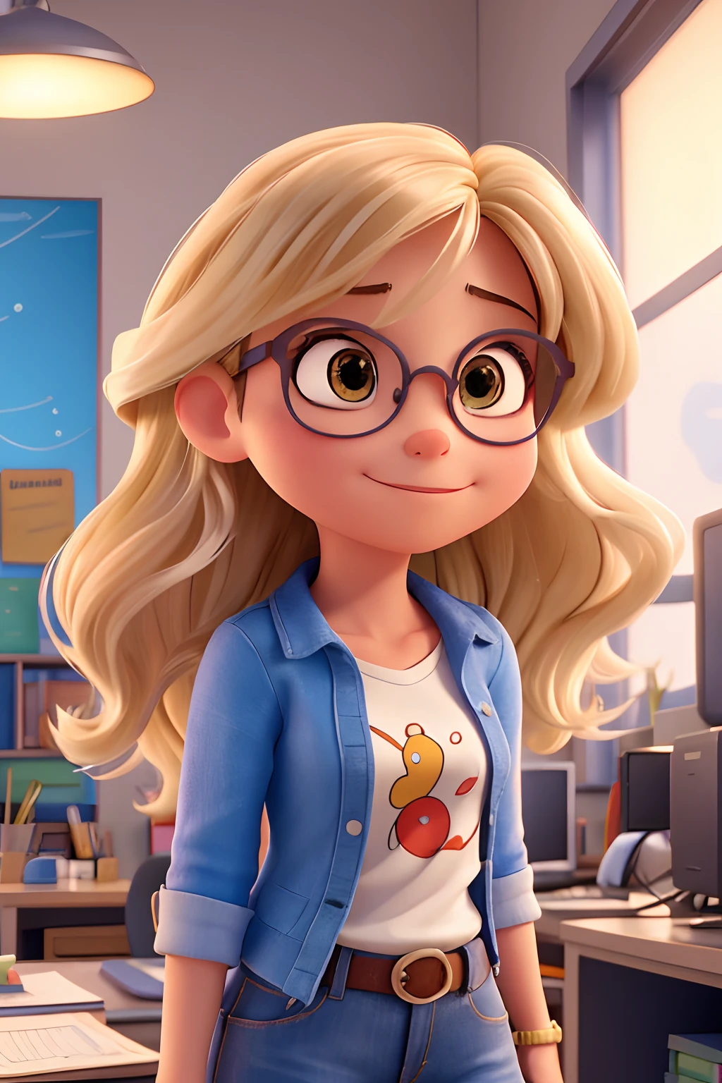 A portrait of a woman with medium blond wavy hair with bangs on the side, wearing goggles, vestindo camiseta branca com uma lupa cinza com cabo vermelho estampada na frente, sentada em sua sala trabalhando em seu computador, luz florescente, personagens famosos da Disney em prateleiras nas paredes, Room background of an office of a travel agency, ultra detalhado, master part, melhor qualidade, fotorrealista, Pixarstyle