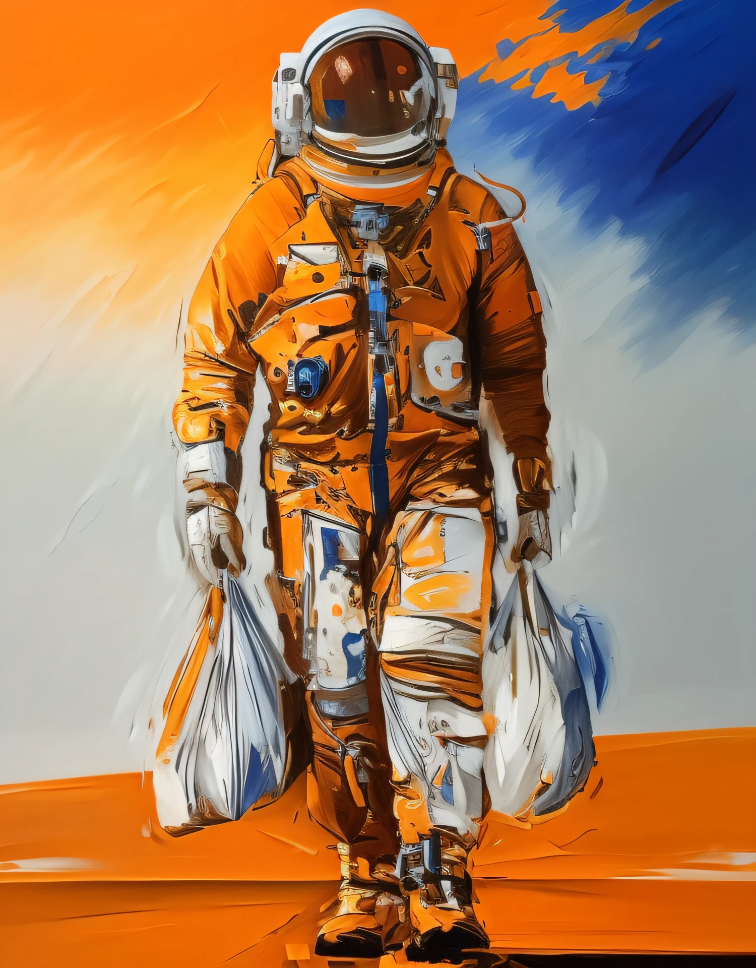 astronaut in an orange spacesuit on a blue background abstract art with large strokes of oil painting in the style of Jackie Lozano