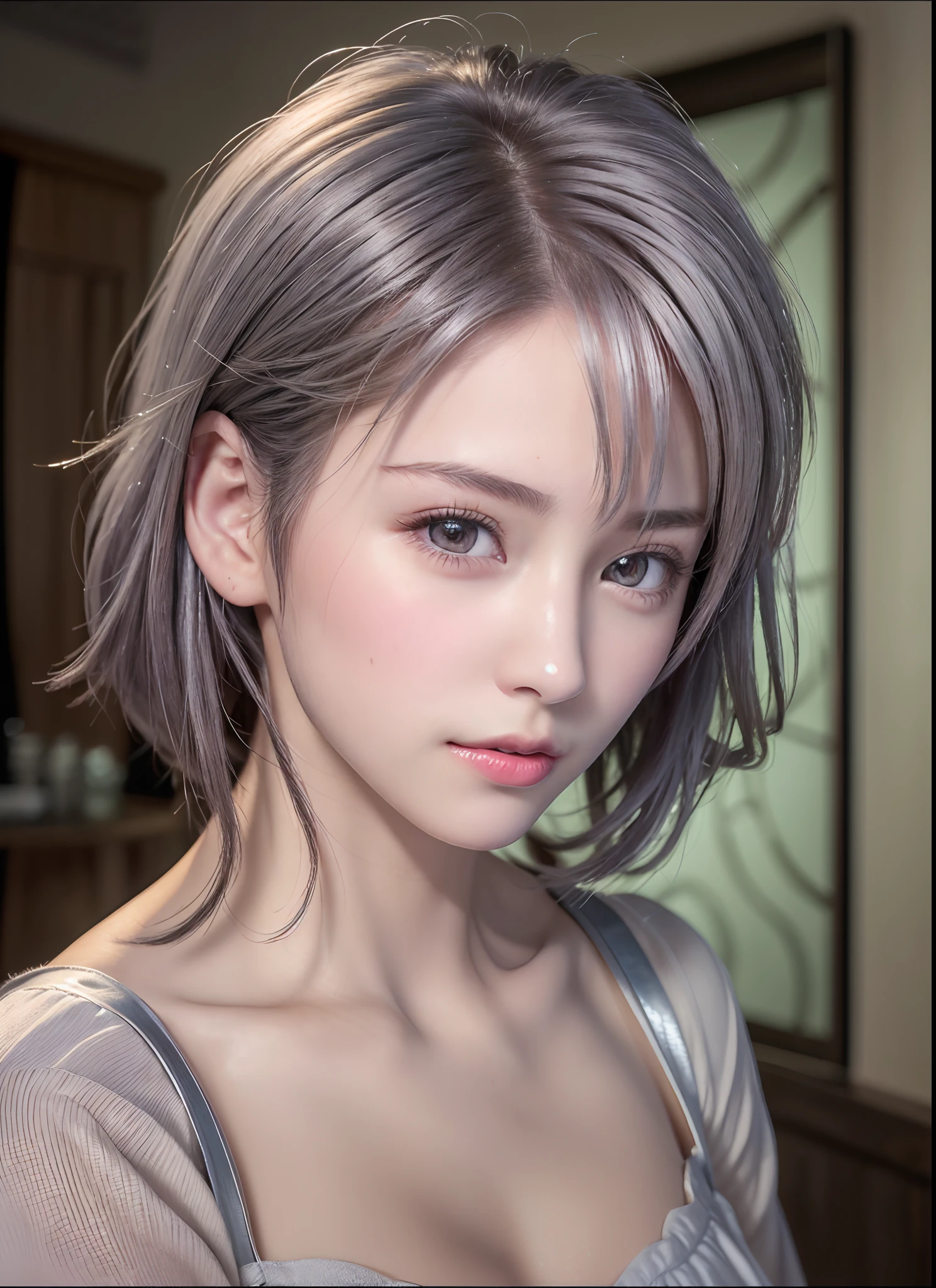(8K, Photorealistic, Raw photo, of the highest quality: 1.3), (1girl in), Super beautiful, (Realistic face), (boyish, Silver Color Berry Shorthair), Beautiful , Glare that captivates the viewer, Beautiful expression, Beautiful breasts, (Realistic skin), Be...
