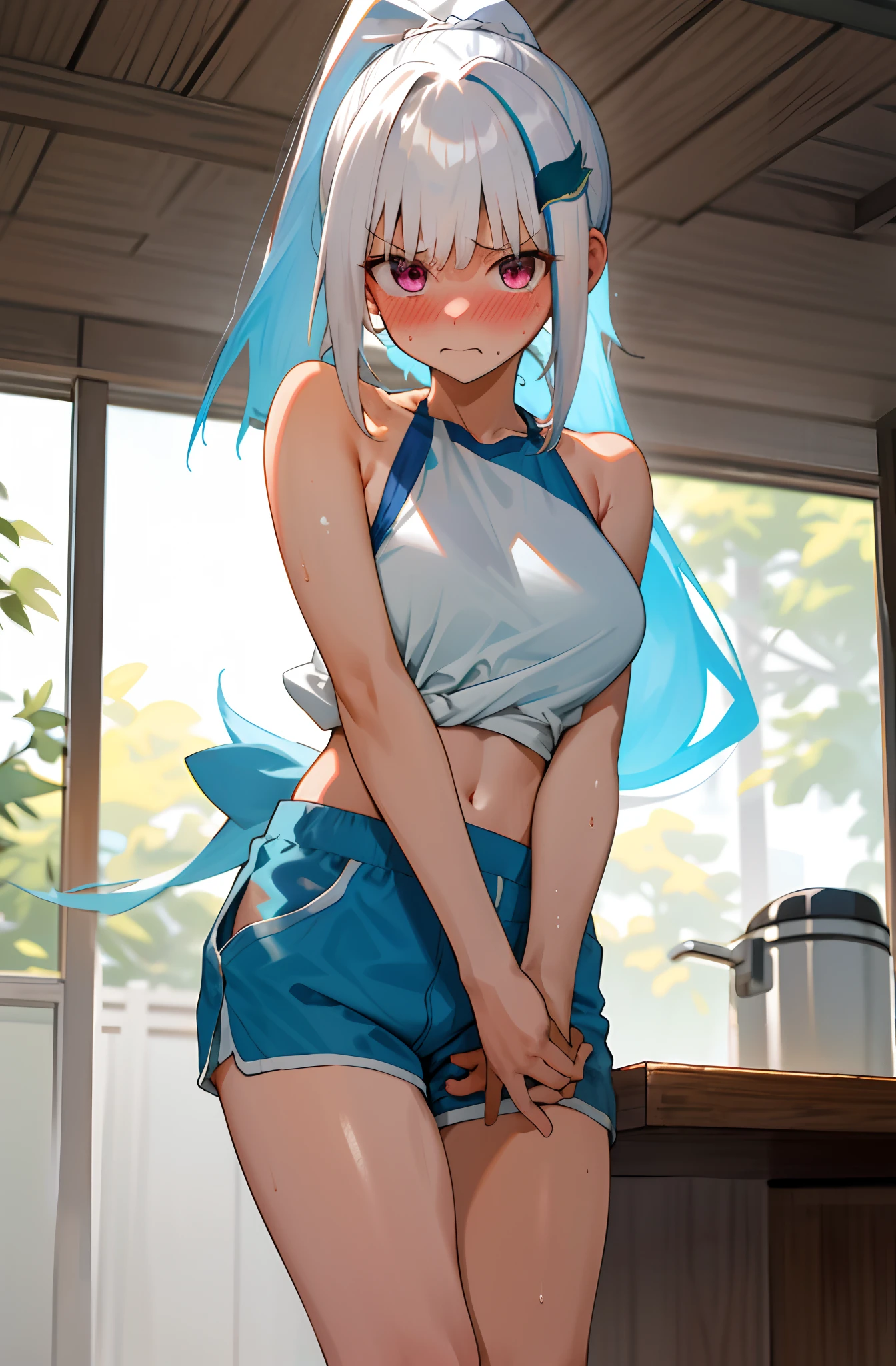 One girl with long ponytail hair, white hair, looking at viewer, embarrassed, blushing, tears, indoor , bare shoulders, bare hands, medium breast, tanktop and shorts, sports shorts, stomach, naked, perfect waist, thigh, Japanese house, standing, wet, nsfw, day atmosphere, hair ornament