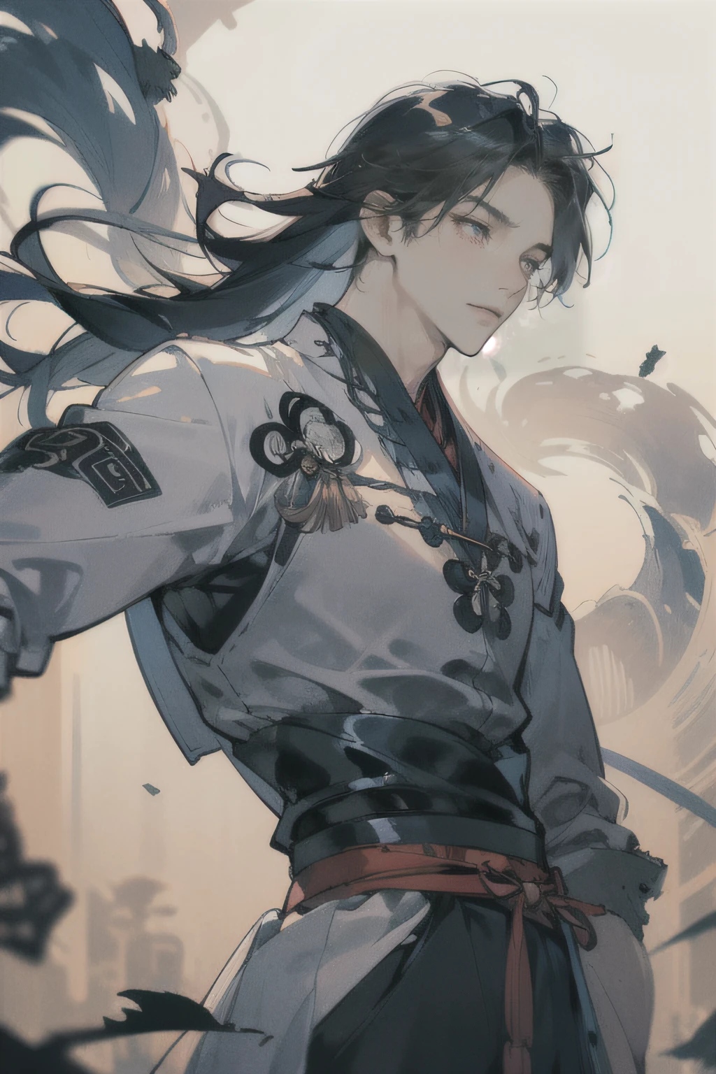 Mono Color, Ink sketch, 1boy,Young men,folding fan, Combat posture,long whitr hair, Floating hair, Hanfu, Chinese clothes, longer sleeves, (abstract ink splash:1.2)