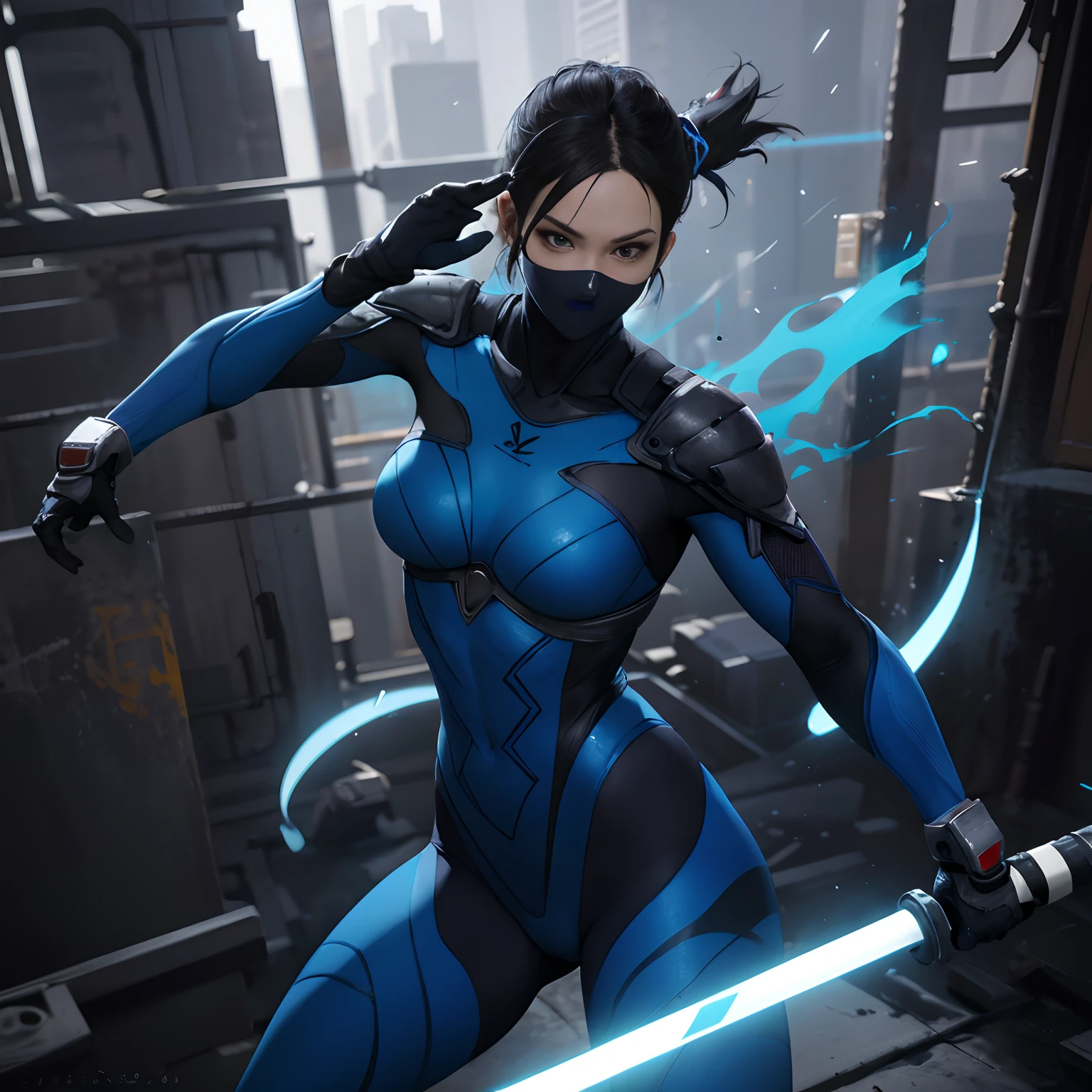 Breathtaking photo in tight suit with Kitana steel fans, Perfect Action Composition, pintura hiper detalhada, Complexo, Arte 32k por DamShelma, WLOP, Kombat mortal, dramatic lighting, arte intrincadamente detalhada, cores triádicas Unreal Engine 5, Arte colorida em azul neon  profunda, circunstanciado