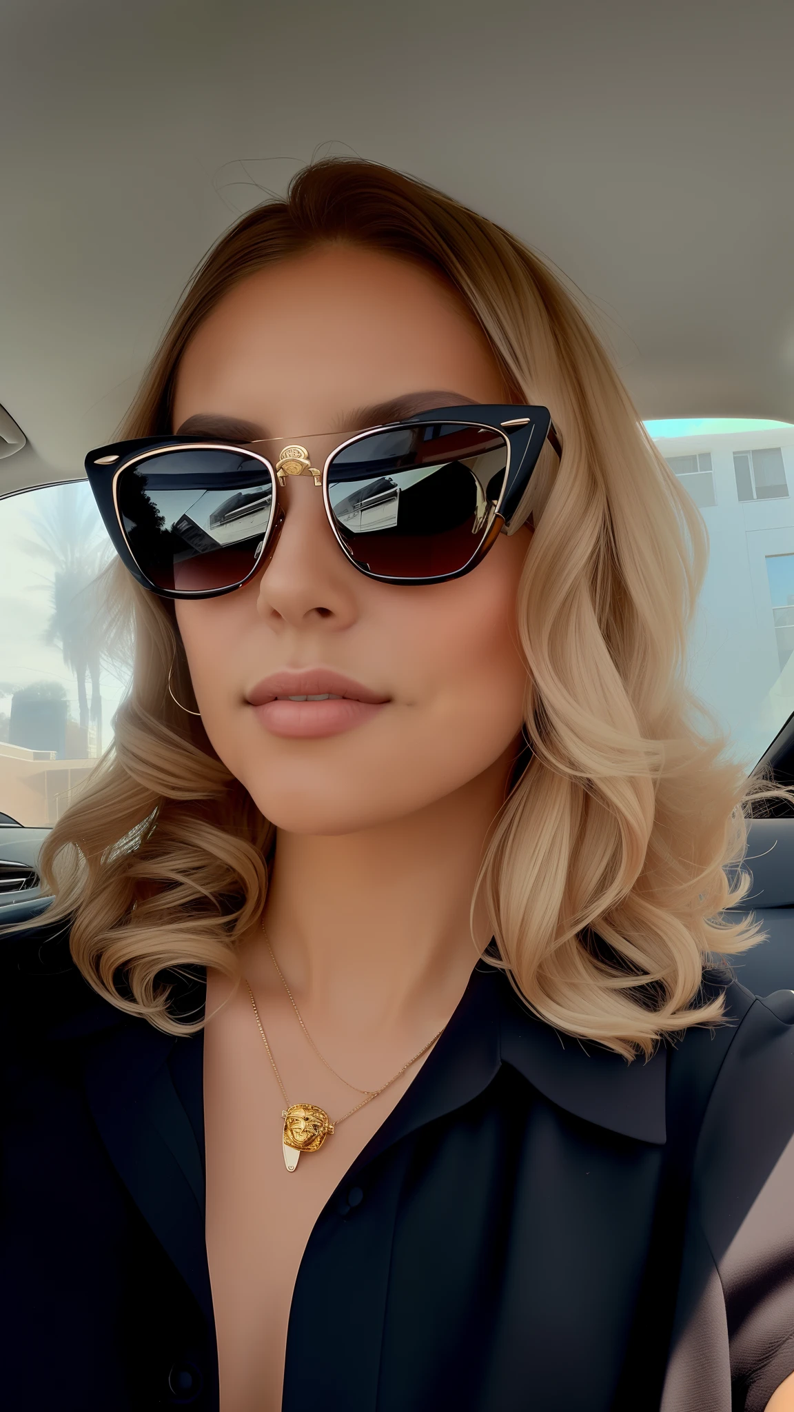 Blonde woman with sunglasses in car looking at camera, with sunglasses, wearing versace sunglasses, with sun glasses, in sunglasses, imagem de perfil, wearing shades, cerca de 3 5 anos, !!wearing modern glasses!!, wearing mirrored sunglasses, wearing sunglasses, by Gina Pellón, wearing cool sunglasses, perfeitamente sombreado, ao sol, designer sunglasses, Tons