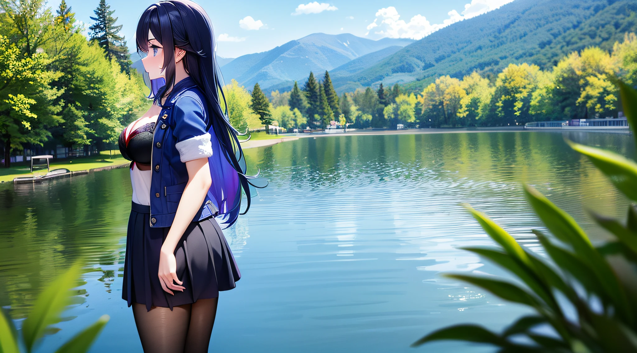 A girl, blue long hair, purple eyes, black tights, black skirt, short blue jacket, red bra, lake, standing