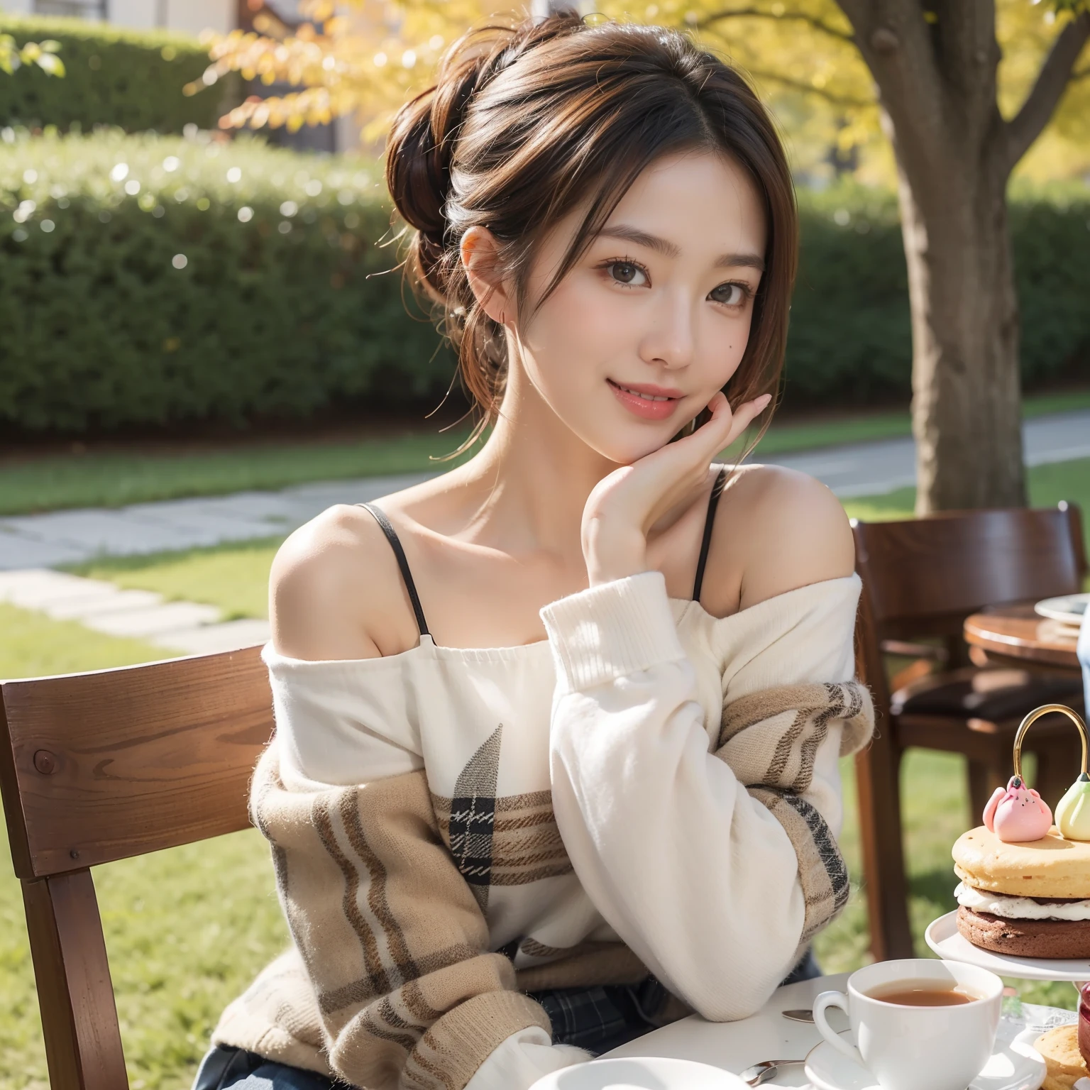 (art by:Adult Cute:1.5), Daytime in autumn  , 1 person only , Cute woman smiling with teeth showing, Hair color is brown , Hair up to the shoulders,  Long sleeve clothes in tartan check、Outside a medieval European-style café , tea parties、a cake、 macaroons、donut、cookies、black tea、cute little、Cute 、Dolce、fluffly、Dolce、Pale shades