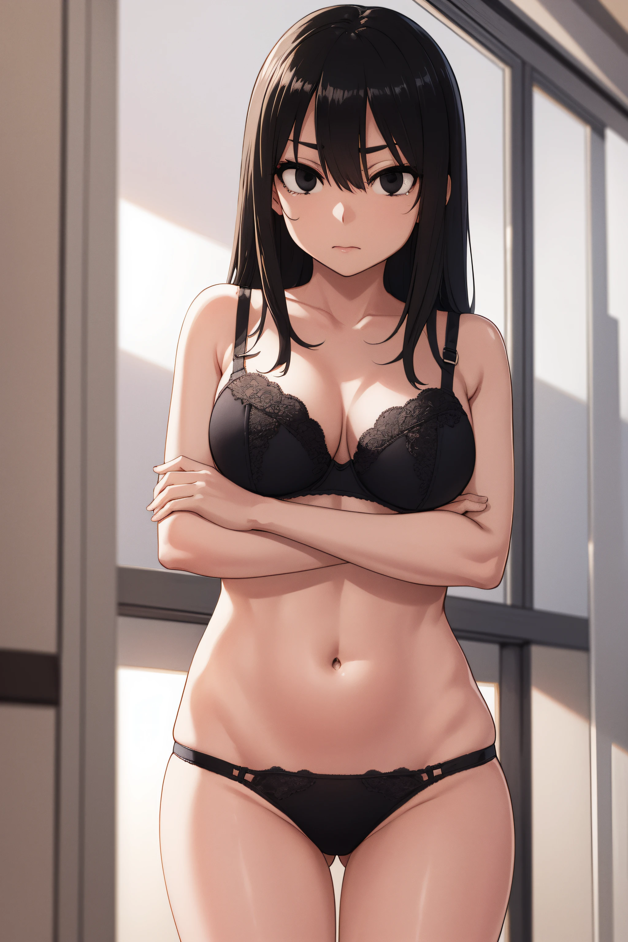 sakiyoshida, saki yoshida, long hair, hair between eyes, (black eyes:1.5), black hair,
BREAK lingerie, (thong:1.3), bra,
BREAK indoors, classroom,
BREAK looking at viewer, (cowboy shot:1.5),crossed arms,angry, pov, 
BREAK (masterpiece:1.2), best quality, high resolution, unity 8k wallpaper, (illustration:0.8), (beautiful detailed eyes:1.6), extremely detailed face, perfect lighting, extremely detailed CG, (perfect hands, perfect anatomy),