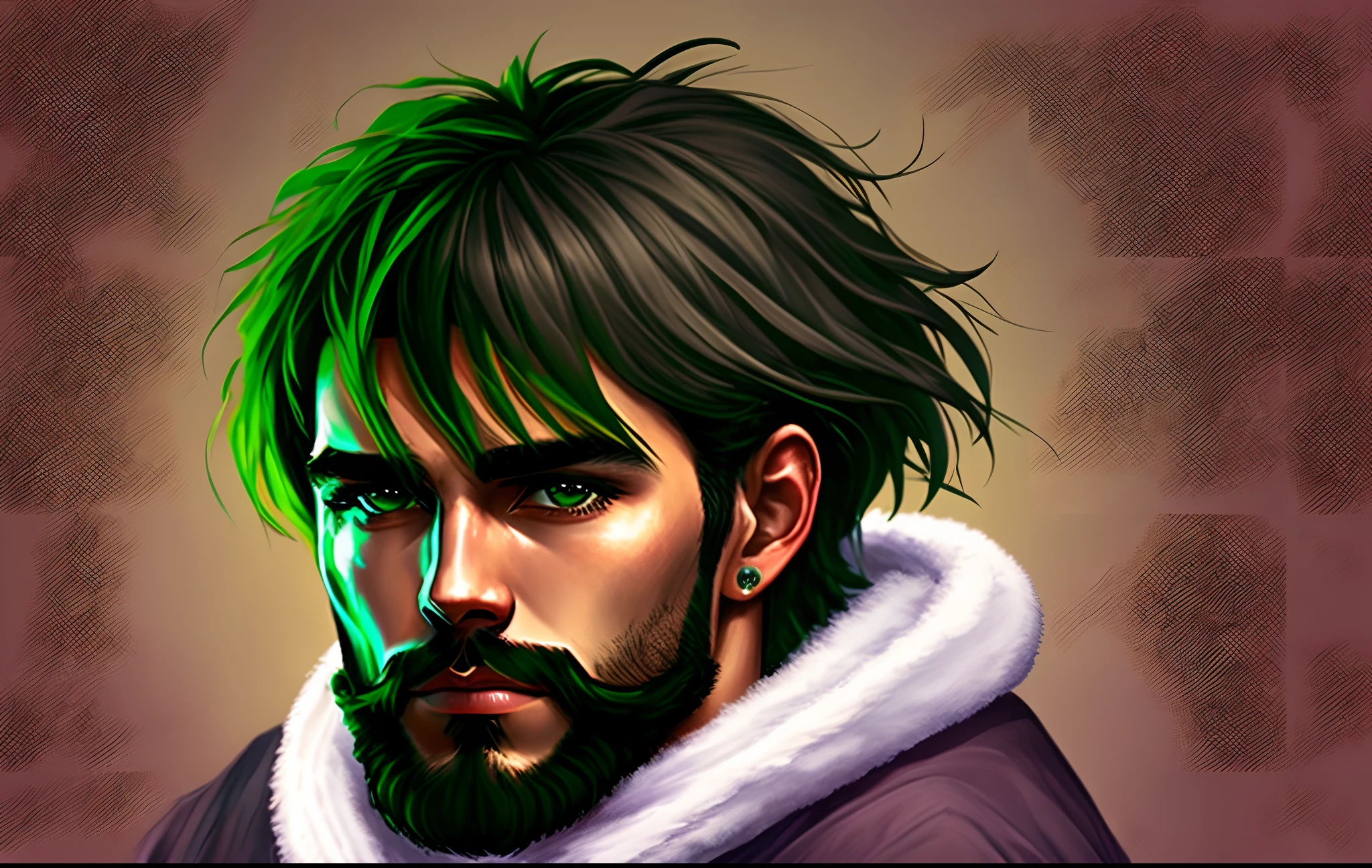 Homem com cabelo curto cinza, barba escura e olhos verdes
