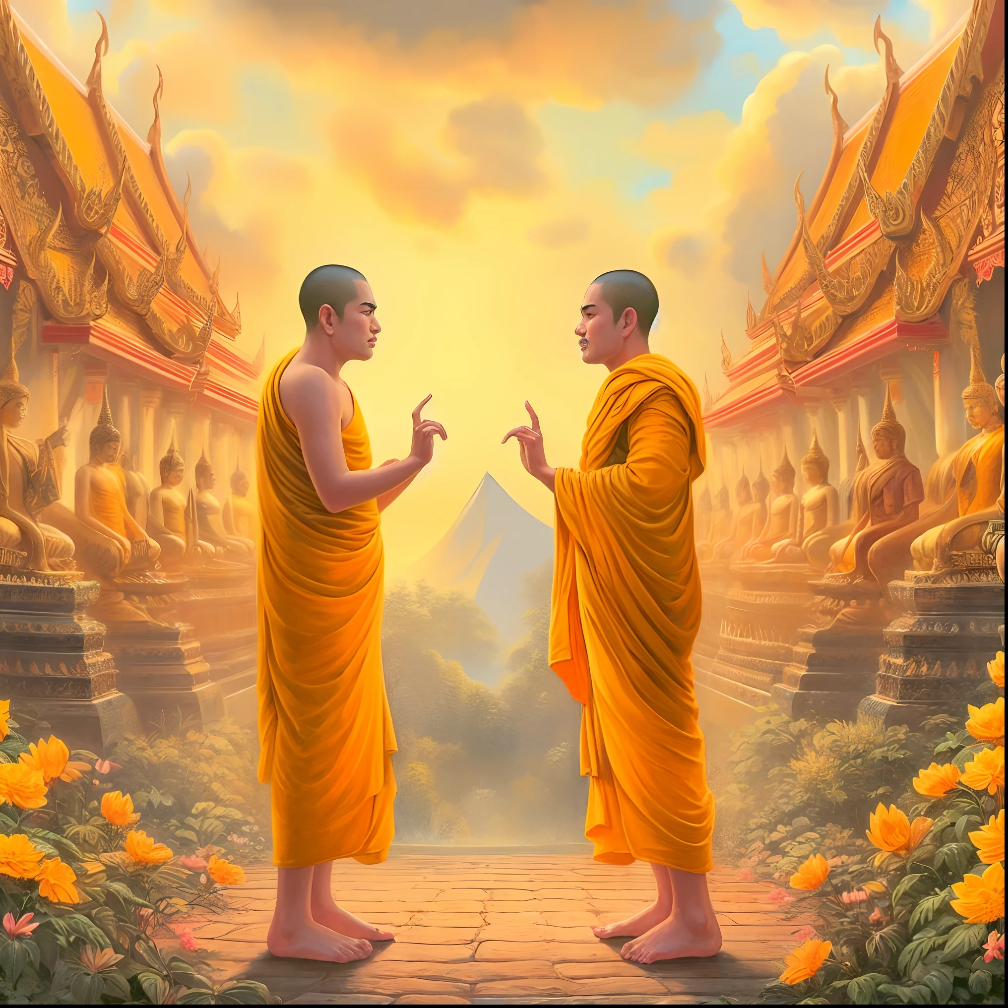 Creat a photo that the Buddha's visit to welcom a monk.
