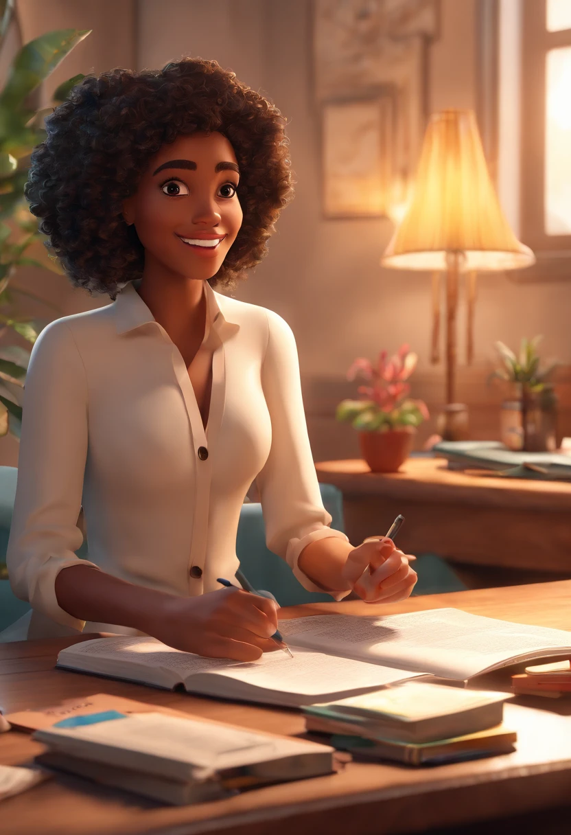 An illustration with a black woman with curly hair and Jesus by her side , destacando um homem e uma mulher com bonito, Expressive eyes – They are a bright room, cada um com um sorriso no rosto, e compartilhar um momento especial lendo um livro. Illustrate this scene from a perspective where they are facing away from the camera, Showing Your Connection. Desenvolva esta arte em Full HD, Focus on your cinematic touch, Estilo Disney Pixar Animations